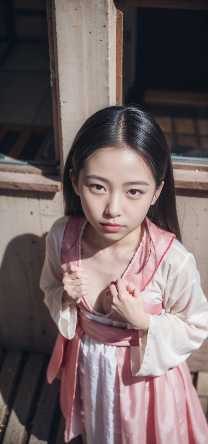 (From a straight above, bird's-eye perspective), 1girl, Realistic Chinese pretty teenage girl,16-years old,black long hair, pink colour Hanfu, pink Chinese clothes Hanfu, erotic, small breast,greasy, knelt on the ground, eye gazing up to the camera, with sweat on body, sweat body, sweat breasts, greasy body, greasy breasts, beside the window