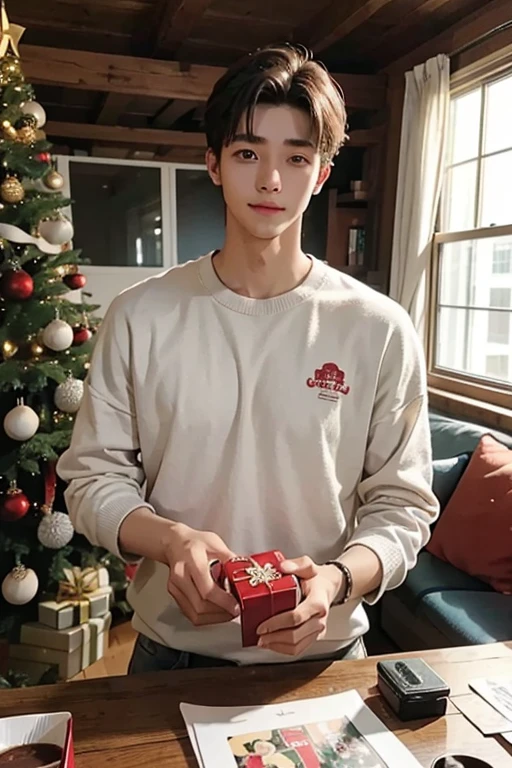 handsome 20 year old、high-level image quality、a picture、Christmas