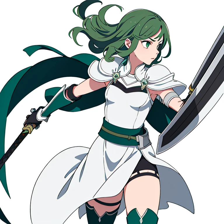 1girl, sword, holding sword, gloves, white background, full body, solo, gauntlets, multiple views, white cape, small shield, holding shield, thigh high, ((dark green hair)), wavy hair,