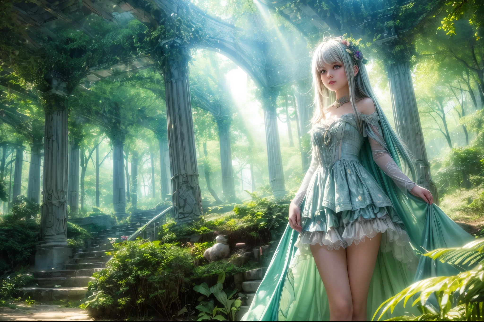 "Whimsical narrative,((Beautyfulgirl as the focal point)) in a mystical forest, (alien machine) as a fantastical backdrop, gentle sunbeams piercing through the branches, vivid color contrast, ((dreamy ambiance)), expertly blended elements, evocative storytelling"