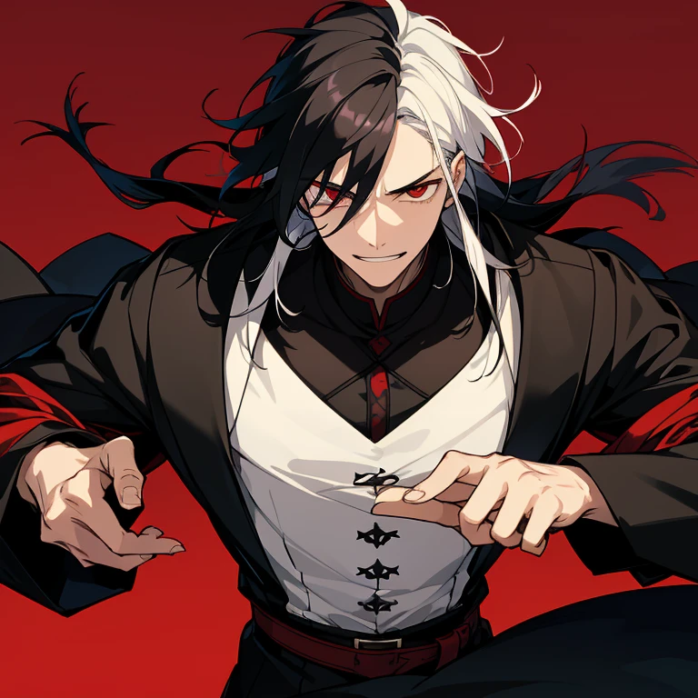 1 boy, black hair, red eyes, black noble cloth, calm face, handsome male guy, masculine, old boy, grown man, 28 years old, bored face, man, big male, psychopathic smile, villain, long hair, short white hair