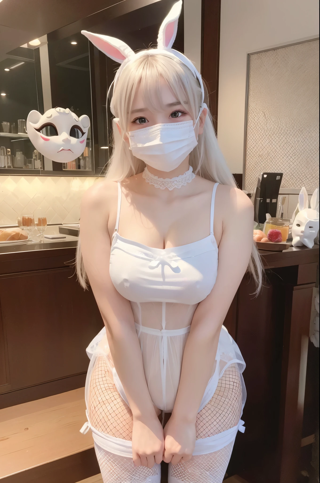 hight resolution、extremely detailed photo、profetional lighting、((girl with、20yr old))、serendipity、masterpiece、top-quality,masutepiece, bunny, fishnets pantyhose, Open your legs, Shining eyes、Very big breasts、(White Face Mask:1.4)
