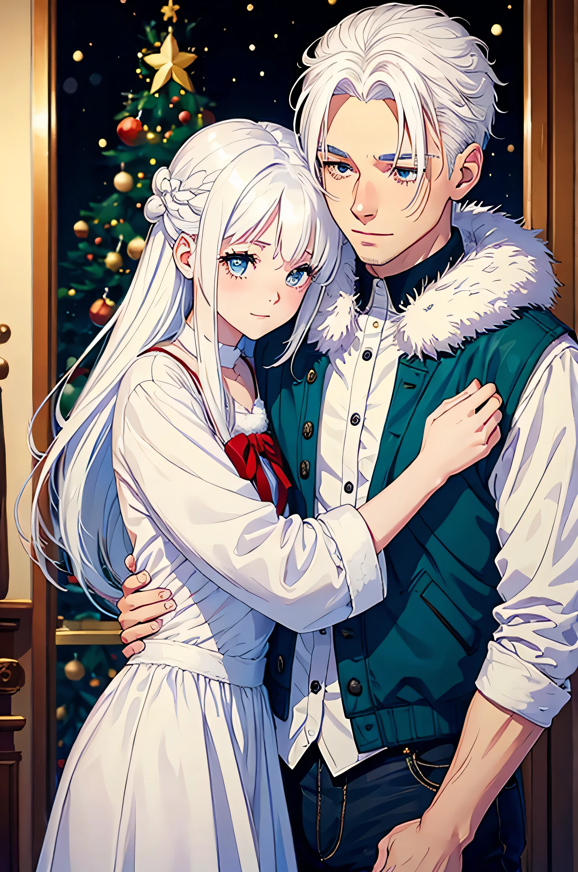 A girl with white hair hugs a young guy with white hair. Christmas. The best picture quality