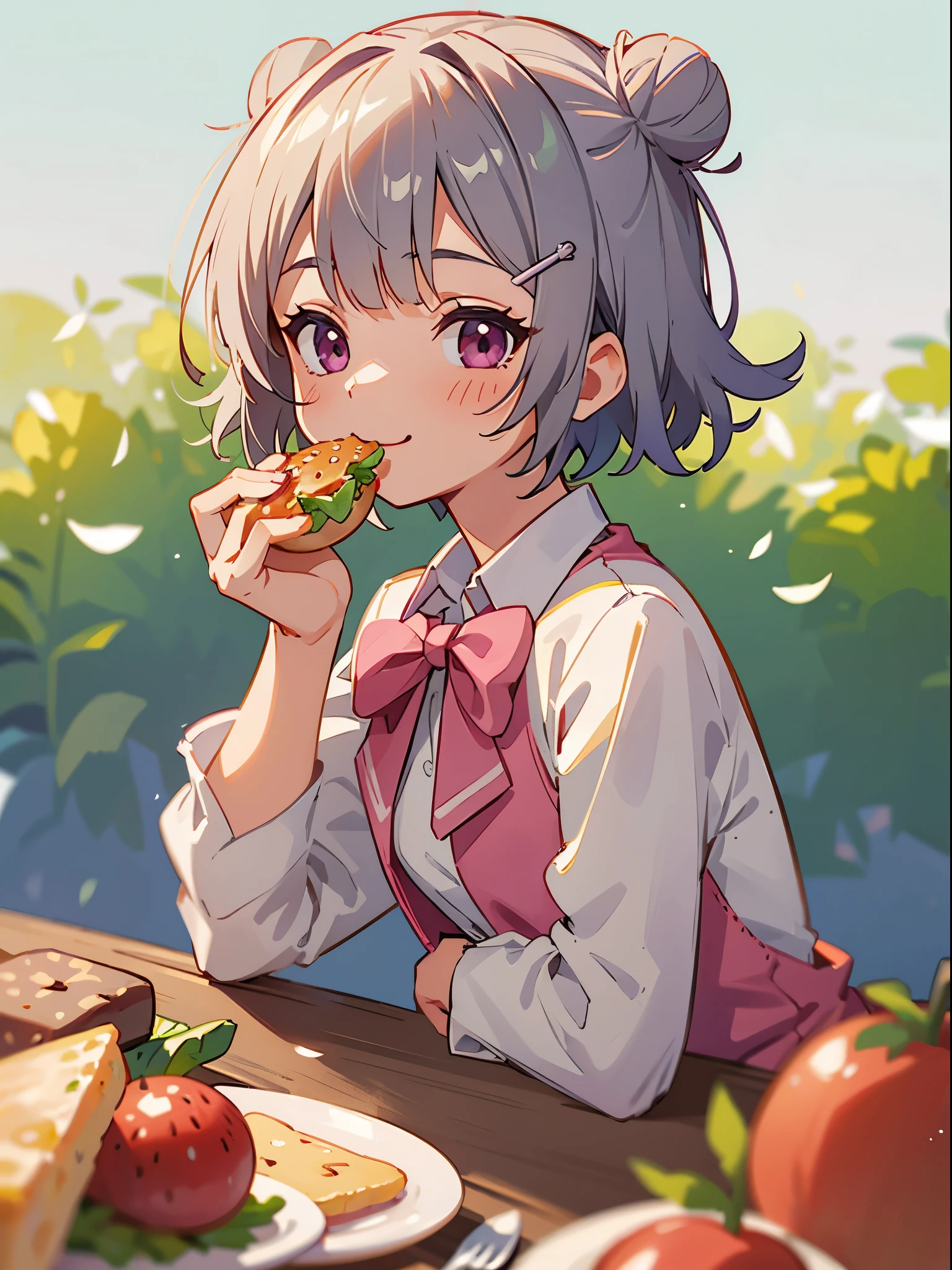 (Best Quality,hight resolution,Ultra-detailed),Eating a hamburger, Short hair with silver bob styled in a bun with hair clip、big round pink eyes、A slight smil、Laugh、small tits, Hamburger, cup, lettuce, fruits, tomatoes, onion,  Bokeh background,  closeup at the food, still-life,  depth of fields, Verdure, cheese