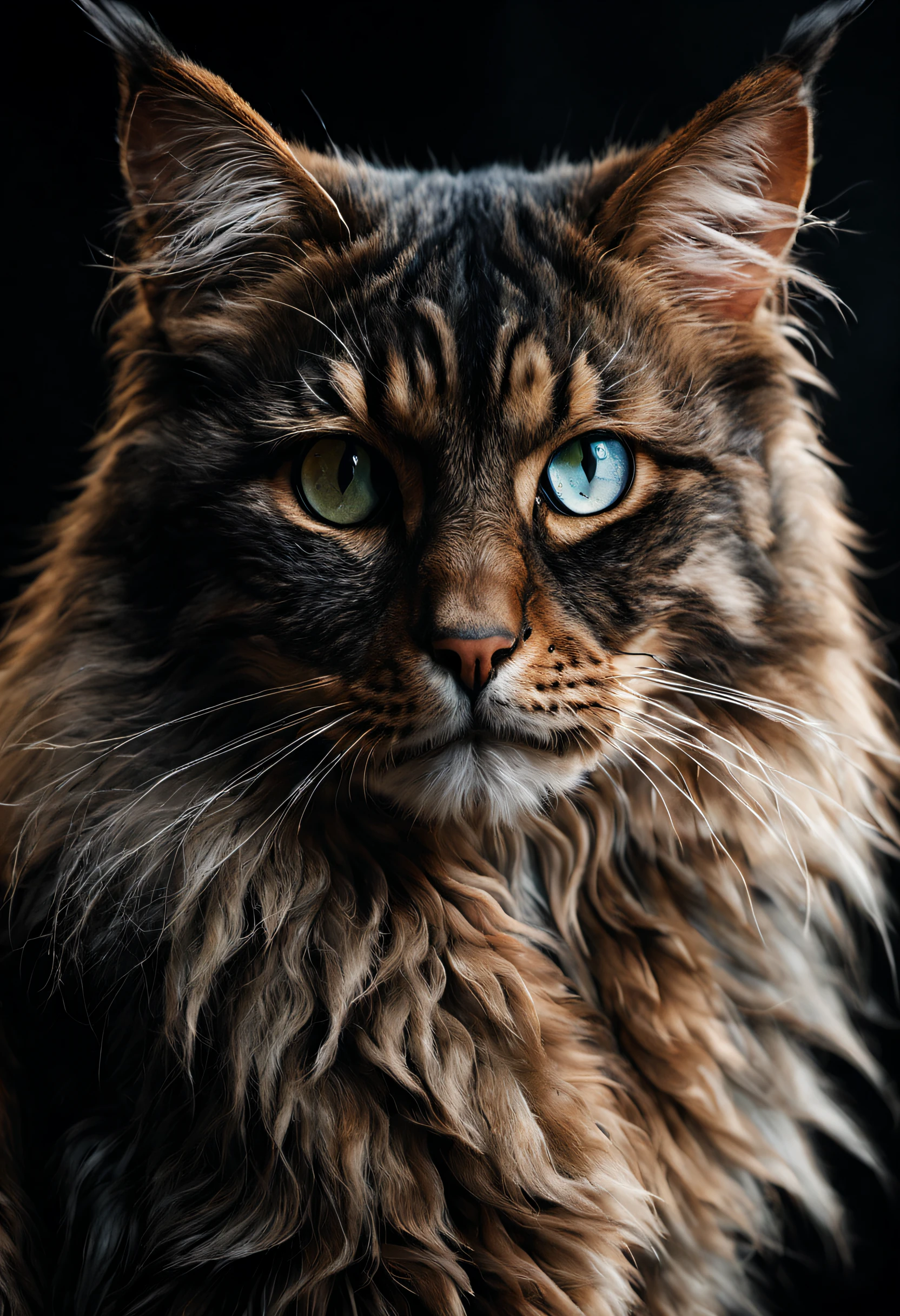 Gato Maine Coon,  PRETO OLHOS BRANCOS, Primeira neve, Flocos, cobertura parcial de neve, cinematic filme ainda, breath-taking, queda de folhas, melancholic mood, textura de papel,  A despedida sussurrada da natureza em rajadas de vento, foto-realismo, filmic grain, filme ainda, Bokeh, intriGatoely detailed, , perfect composition, beautiful detailed intriGatoe insanely detailed octane render trending on artstation, 8 k artistic photography, arte conceitual fotorrealista, soft natural volumetric cinematic perfect light, Chiaroscuro, Fotografia premiada, master part, oil on the canvas, Raphael, Caravaggio, Greg Rutkowski, bipe, Beksinski, Giger