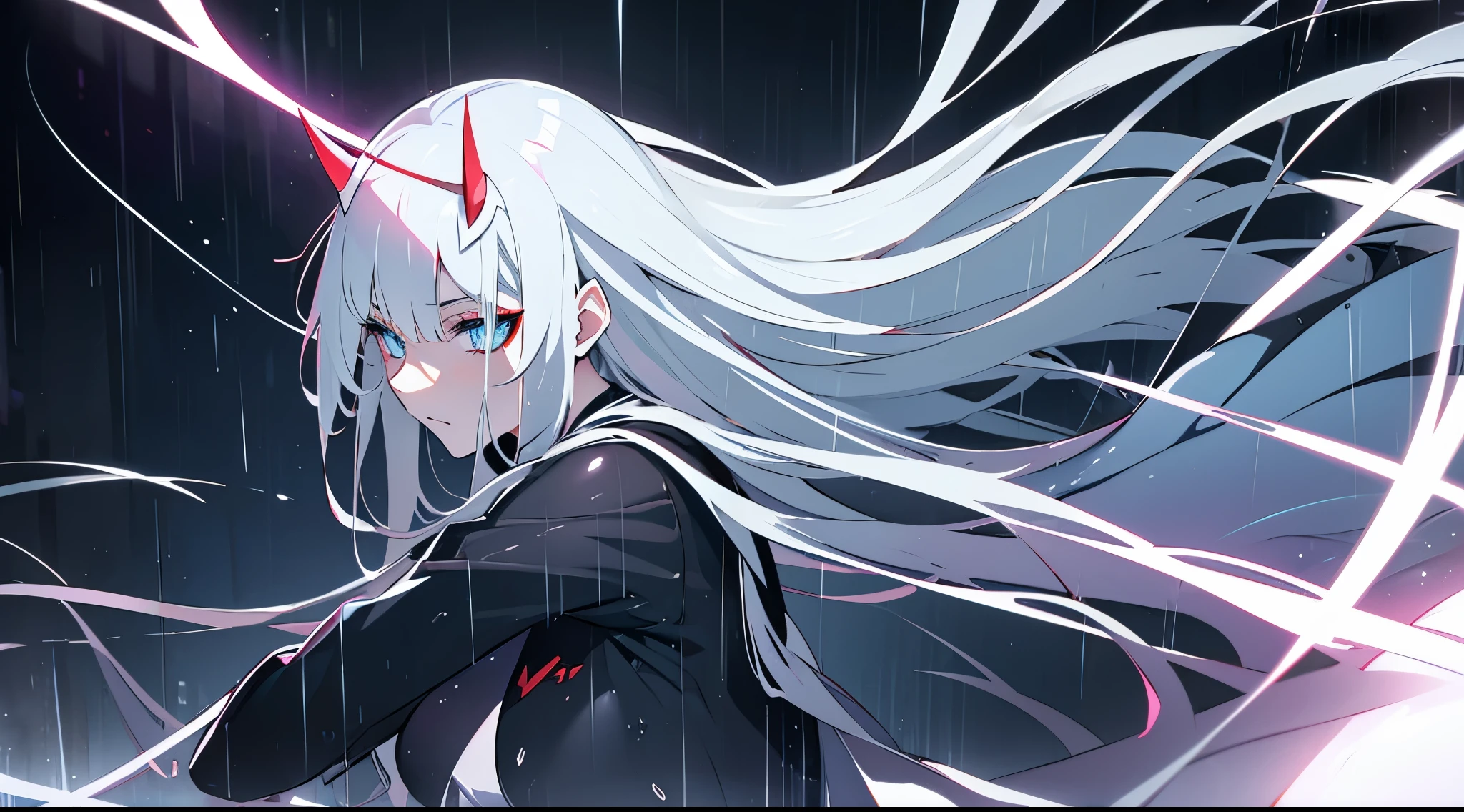 (best quality,8k),zero two from the anime Darling in the Franxx,slender figure,sharp face,large beautiful eyes,long silver hair,dressed in translucent tight clothing,downpour,rain-soaked