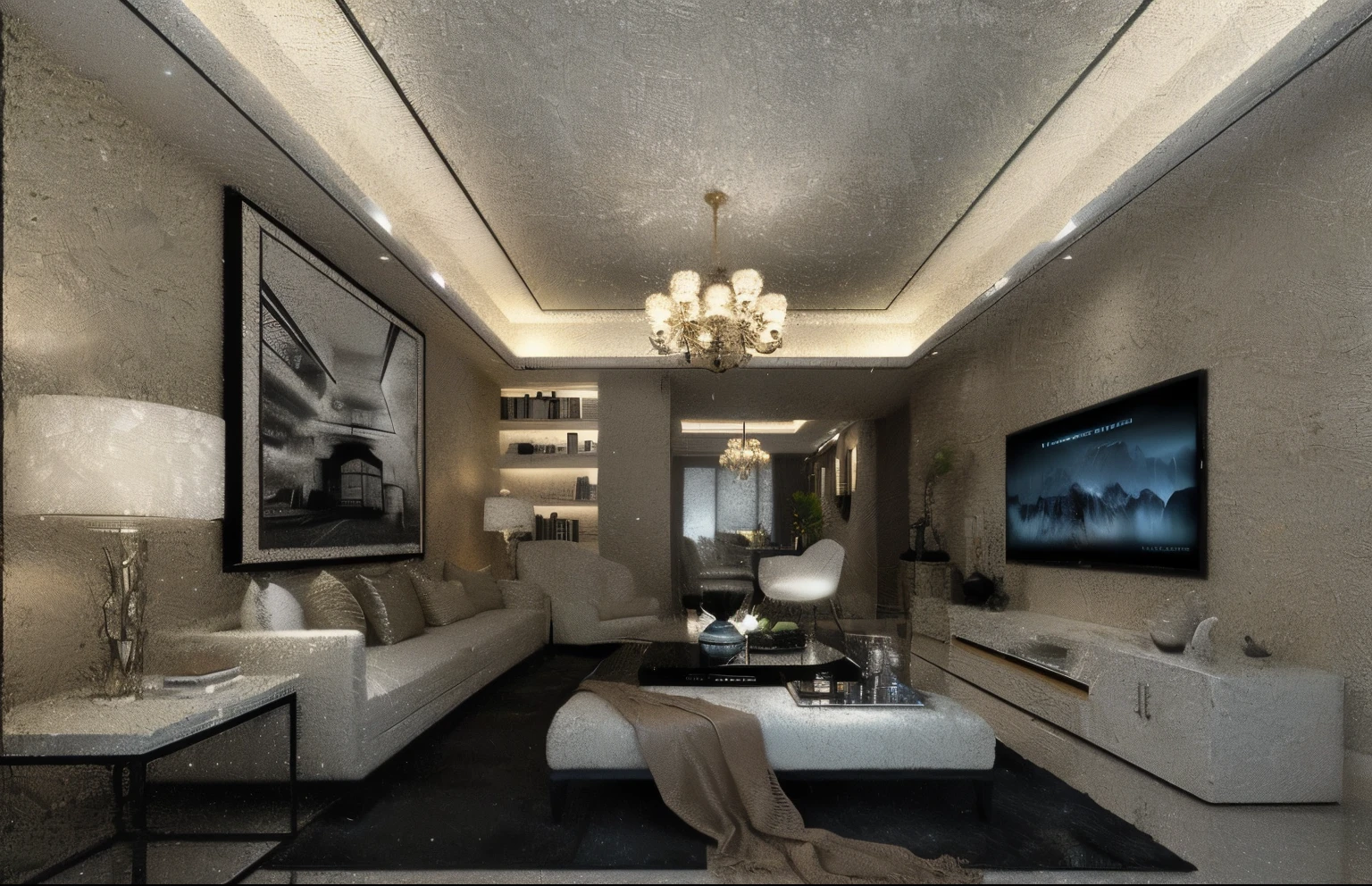 arafed view of a living room with a couch, coffee table, and television, elegant render, luxury hd render, popular interior design style, dramatic rendering, volumetric interior lighting, dramatic lighting render, cg rendering, high quality rendering, in style of 3d render, highly detailed interior, lounge room, living room, luxurious environment, well lit 3 d render tông màu xanh dương