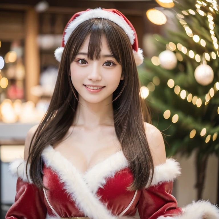 Best Quality, masutepiece, hight resolution, 1girl in,Christmas beauty full body high resolution image,Super high resolution images of beautiful faces,Dressed in Santa Claus costume,Hair Ornament,Maroon hair,fully body photo, Jewelry,Beautiful face,Tyndall effect,Photorealistic, Detailed image of horizontal Christmas tree,fullbody image,(High detailed skin:1.2),Smiling and looking at the camera,full body digital single lens reflex camera, in the soft and bright sunlight,High quality, Volumetric lighting, Candid, photograph, High resolution 8K,