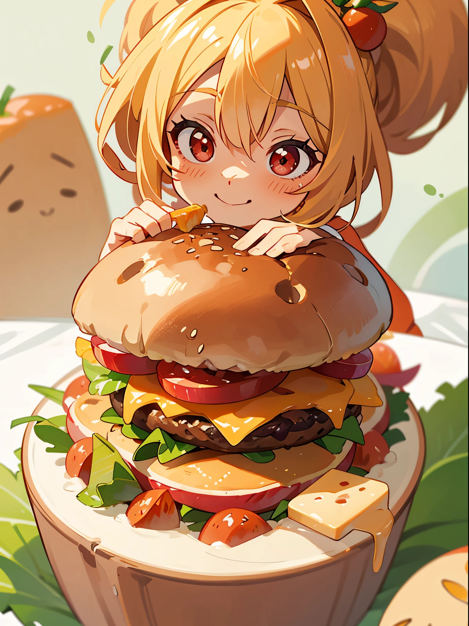 (Best Quality,hight resolution,Ultra-detailed),Eating a hamburger, Blonde ponytail、Ahoge、big round red eyes、A slight smil、Laugh、small tits, Hamburger, cup, lettuce, fruits, tomatoes, onion,  Bokeh background,  closeup at the food, still-life,  depth of fields, Verdure, cheese