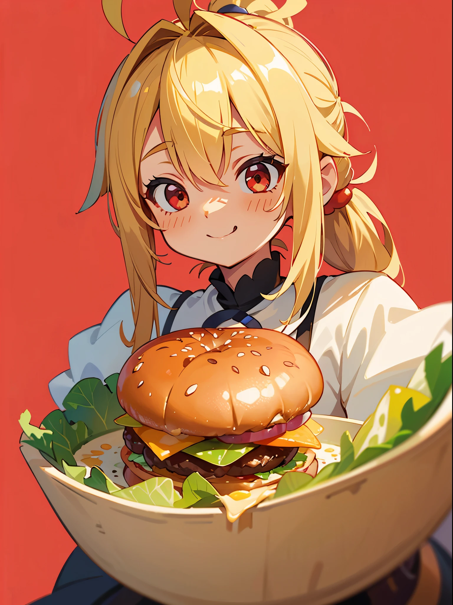 (Best Quality,hight resolution,Ultra-detailed),Eating a hamburger, Blonde ponytail、Ahoge、big round red eyes、A slight smil、Laugh、small tits, Hamburger, cup, lettuce, fruits, tomatoes, onion, Bokeh background, closeup at the food, still-life, depth of fields, Verdure, cheese