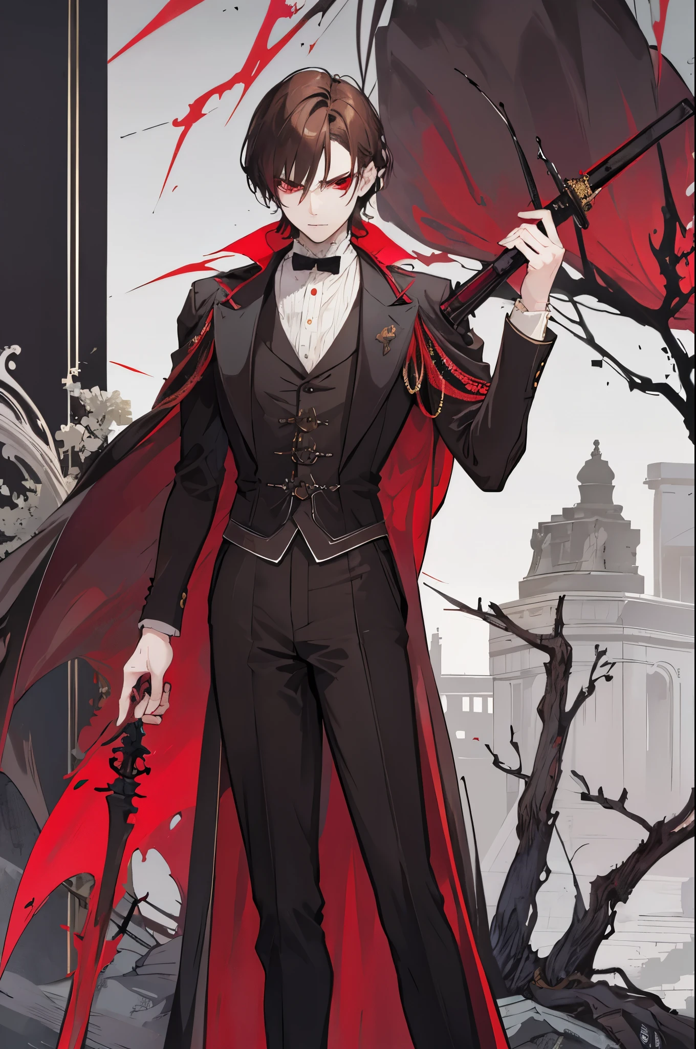 (flat color:1.1),(masterpiece:1.2), best quality, masterpiece, original,short brown hair, mature elegant and handsome man with red eyes, wearing victorian vampire hunter outfit