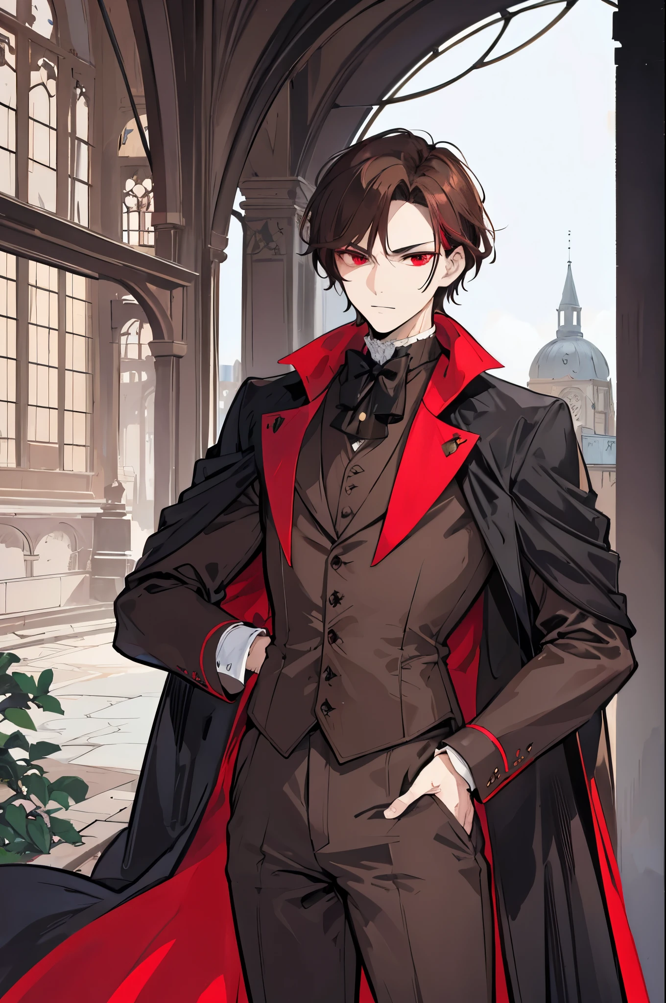 (flat color:1.1),(masterpiece:1.2), best quality, masterpiece, original,short brown hair, mature elegant and handsome man with red eyes, wearing victorian vampire hunter outfit