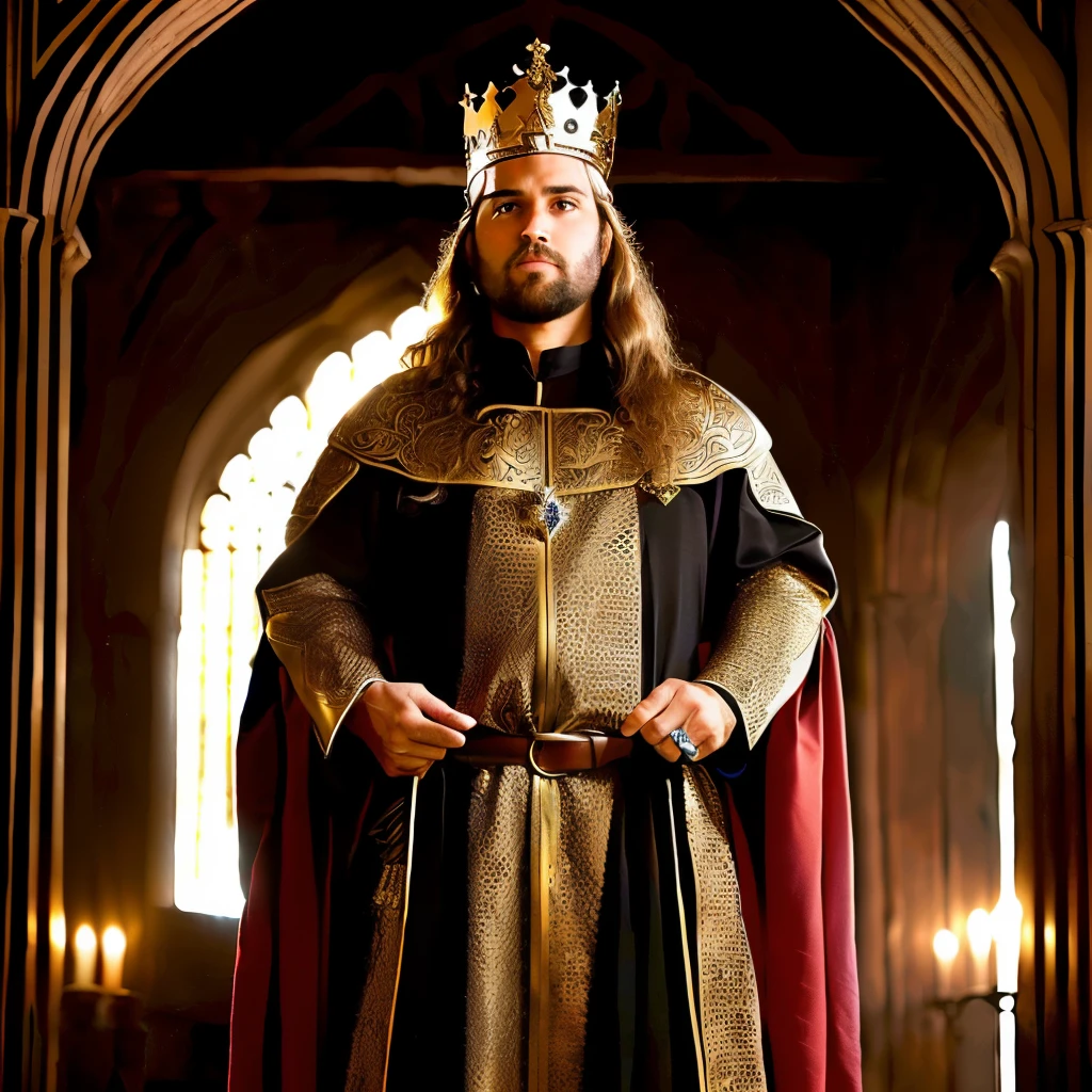 Arafed man in a crown and robe standing in a palace, Velho Rei Medieval, king richard the lionheart, Majestade em roupas nobres, Retrato de um velho rei medieval, Retrato do velho rei medieval, usando uma coroa e capa, usando uma capa de rei, homem com coroa, usando coroa de reis, vestido como imperador, como um personagem de fantasia medieval