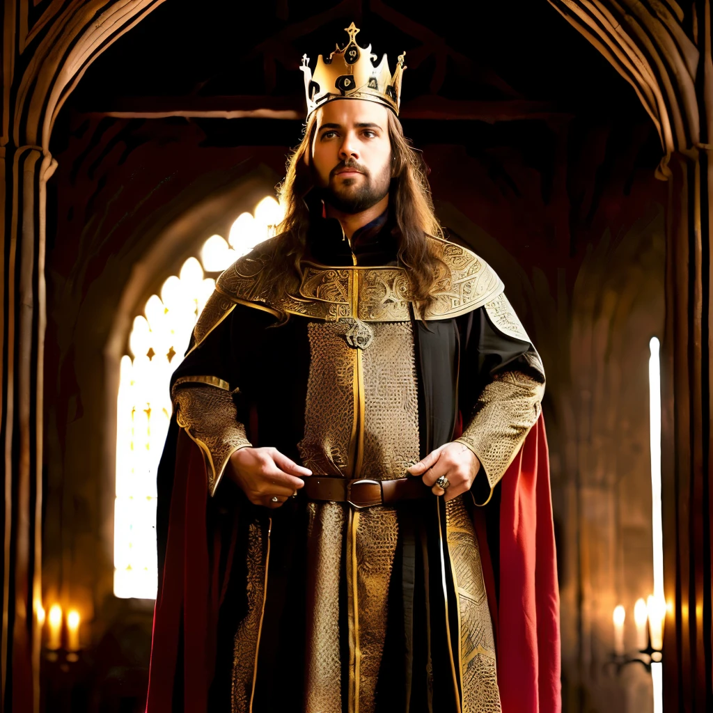 Arafed man in a crown and robe standing in a palace, Velho Rei Medieval, king richard the lionheart, Majestade em roupas nobres, Retrato de um velho rei medieval, Retrato do velho rei medieval, usando uma coroa e capa, usando uma capa de rei, homem com coroa, usando coroa de reis, vestido como imperador, como um personagem de fantasia medieval