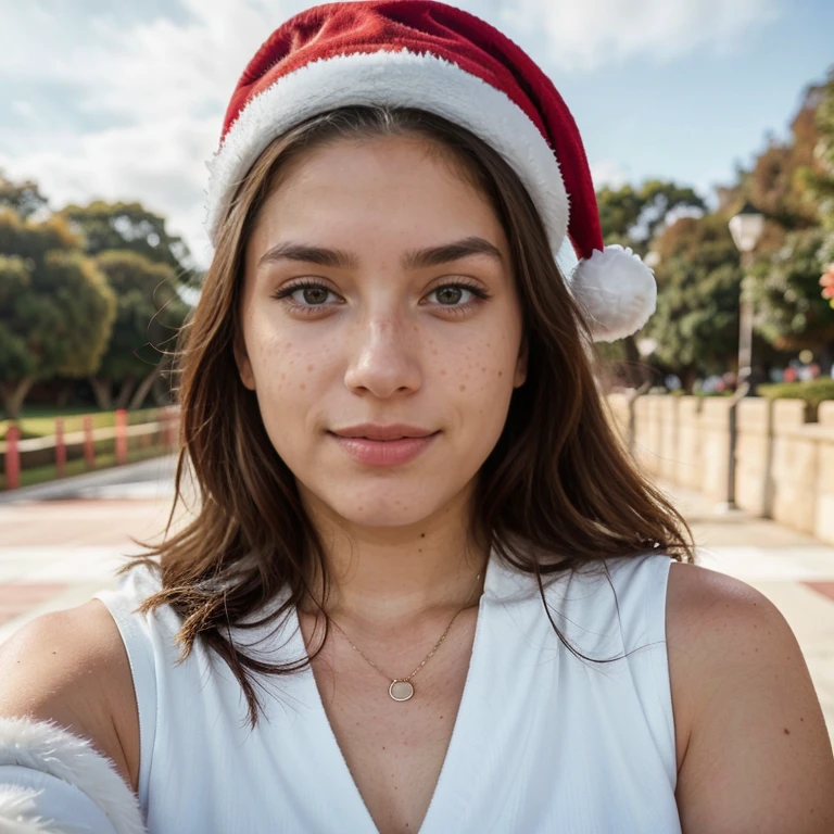 23-year-old hyper-realistic Latin girl with freckles, mood selfie for instagram, Ultra Definition, (photoreallistic: 1.4), 8k, calidad premier, fondos detallados, cara delicada, maquillaje natural, foto raw, iphone, HDR, Coqueteando con el espectador, christmas suit, ropa de navidad, Santa Claus Costume