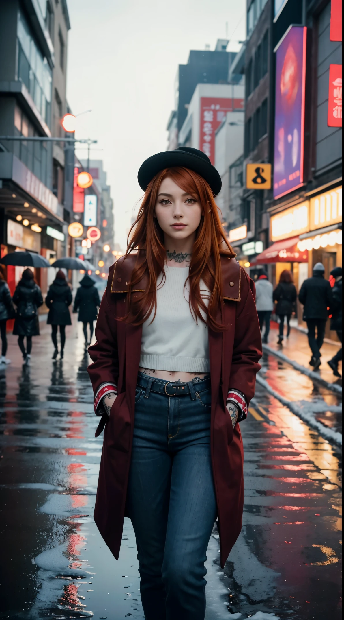 50 years old, gorgeous cute  Turkish girl, smirk, freckles, polaroid photo, (dark skin:1.3), (medium red hair:1.6), Araffe woman wearing coat and hat standing on a rainy road, Standing at street, Standing in the rain, Standing at street, Standing on the streets of a city full of Christmas colors, Standing on the street, Standing at street, In the snow, standing in a city center, wandering in the city, Korean city street fashion, In the streets of Seoul, On the streets, adult and cute, the extremely hot and sexy, famous beautiful model, good young girl, (masterpiece:1.0), (best_quality:1.0), ultra high res,4K,ultra-detailed, photography, 8K, HDR, highres, absurdres:1.2, Kodak portra 400, blurry background, bokeh, lens flare, (vibrant_color:1.2),professional photograph, (the_tattoo:1.4), (beautiful_face:1.5),(narrow_waist). --v 6