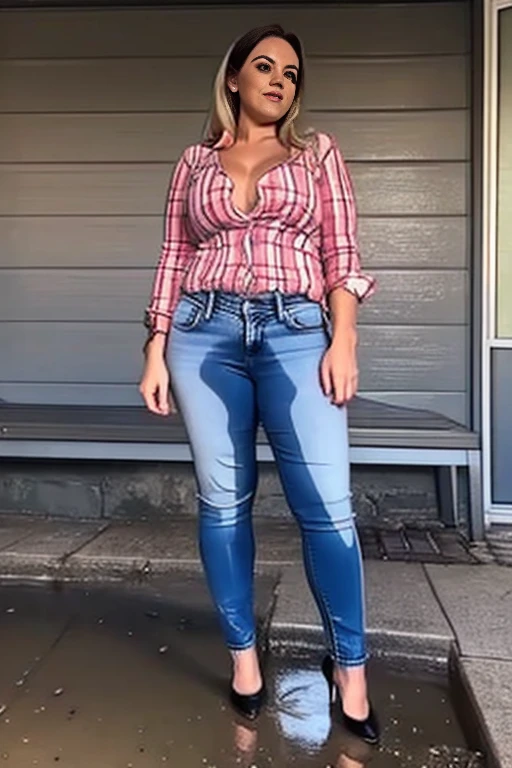 1 tall thin woman masturbates, Unbuttoned jeans, gradient background, high heels, show heels, standing in puddle of pee, shoes filled with pee, pee streams from crotch of jeans