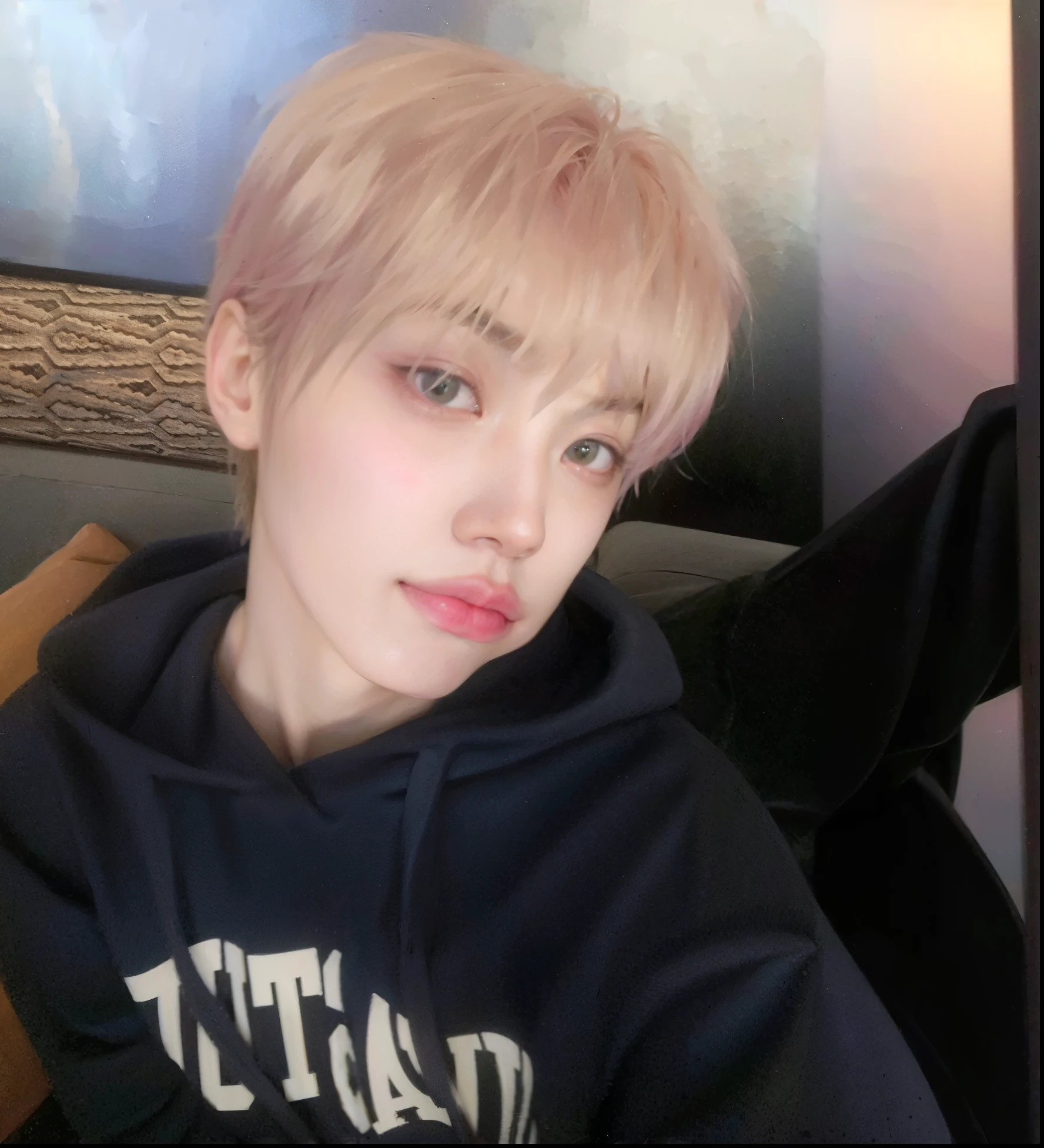 asian person with pink hair and black hoodie., (best quality,ultra-detailed, highres,masterpie ce:1.2),portrait, jimin, plump lips, Kim Doyoung, Park Jimin-inspired aesthetic, swollen right eyelid of Jimin, Greek nose of Jimin, inspired by Bian Shoumin, elongated neck, vivid colors,soft lighting, pale pink light skin!!, pale oval face