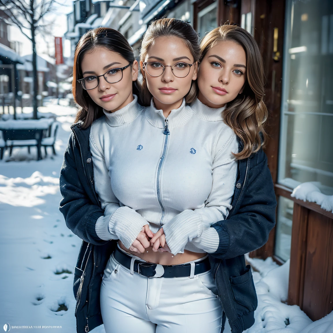 (((3 heads, Best Quality:1.4), (modernity), thick-thighs, wide thighs, but very wide waist)),(obese),(Shot Full Body), 1male, feminine face, hairlong, pulled into a ponytail to one side,独奏, ass pov, Masterpiece, SFW, Stunning , Thick-rimmed glasses, (Standing:1.1), dynamicpose, (бордово-зеленая рубашка с глубоким вырезом и jacket оверсайз с высоким воротником , Black women'jacket :1.4), (tight White trousers for the office, White trousers for the office: 1.4), (((((Big bulge))))),(красно-зеленая jacket: 1.4), (Long Platinum Blonde Hair, pulled into a ponytail to one side), long curly red hair, pulled into a ponytail to one side,Bangs, heart shaped face, Elegant face, beatiful face, freckles, highly detail face, high-detailed skin, pores skin, sub-surface Scattering, (Details of blue eyes), Realistic pupils, no facial hair, no body hair, (((Big bulge))),A loving smile, looking at the audience, Full blush, plump lips, Holding a wallet in your hands, centered, , in the snowy winter courtyard of a typical American winter suburb, windy, Detailed background, Depth of field, atmospheric perspective, voluminous lighting, Clear Focus, Absurd, Realistic Proportion, good anatomy, (Realistic, Hyper-realistic:1.4), 16K HDR,(3 heads)