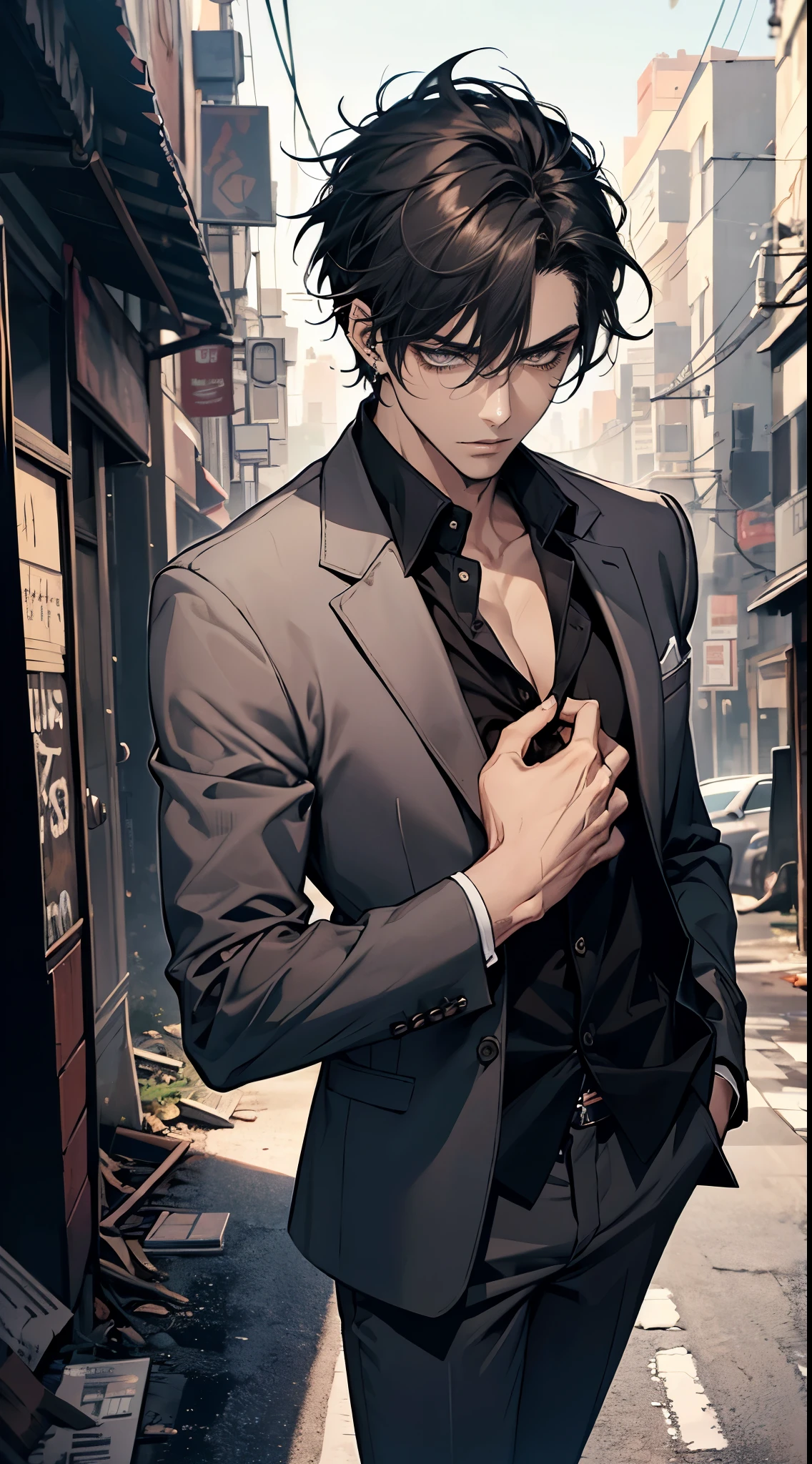 (masterpiece, best quality, highres, ultra-detailed), 1man, male focus, spiky black hair, grey eyes, handsome, detailed eyes and face, male body, earrings, ear piercing,  unbuttoned black blazer, white shirt, trousers, bare collarbones, chain necklace, city slums background, by amano akira, full body, cigarette, cigarette smoke, guy smoking,1guy, masterpiece