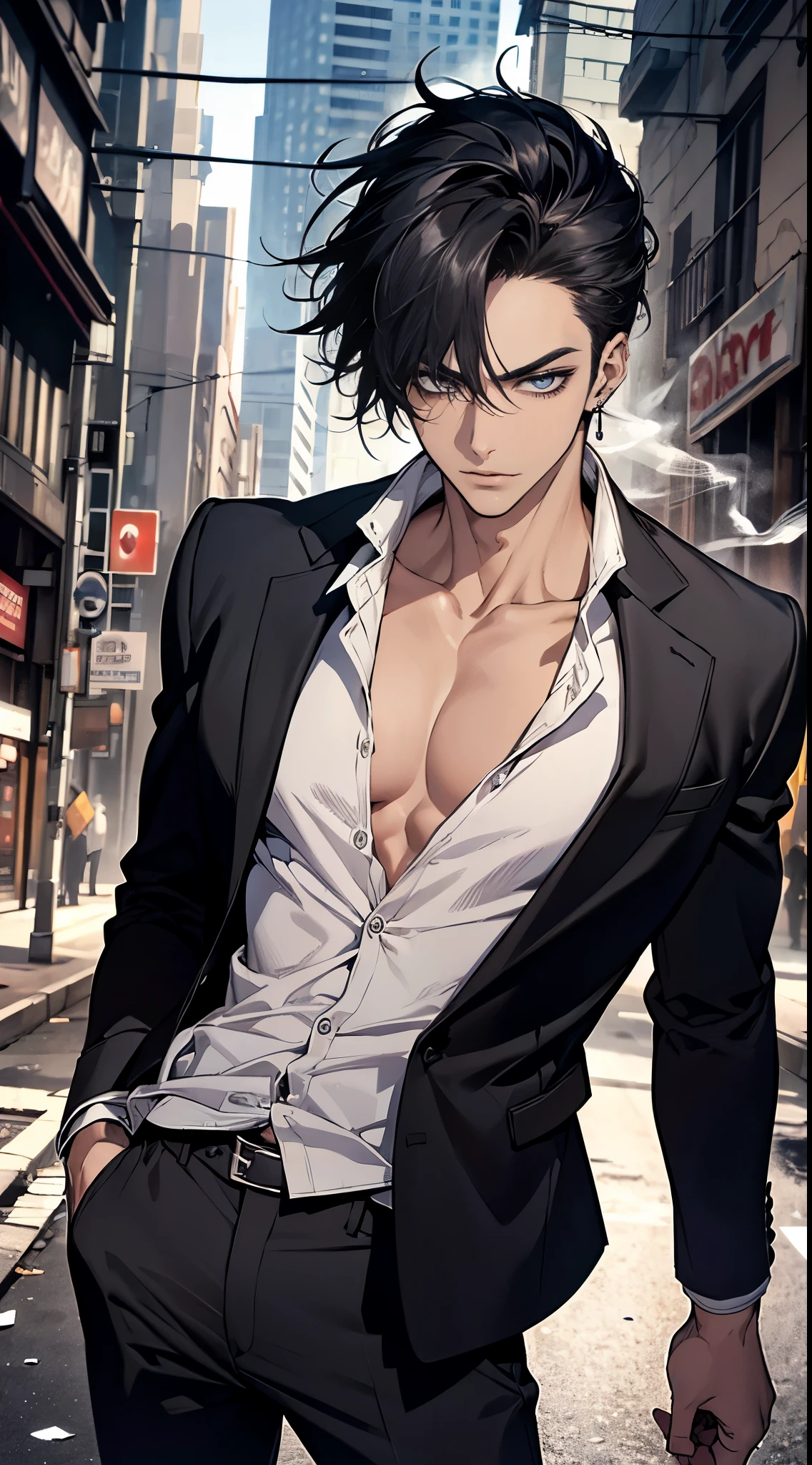 (masterpiece, best quality, highres, ultra-detailed), 1man, male focus, spiky black hair, grey eyes, handsome, detailed eyes and face, male body, earrings, ear piercing,  unbuttoned black blazer, white shirt, trousers, bare collarbones, chain necklace, city slums background, by amano akira, full body, cigarette, cigarette smoke, guy smoking,1guy, masterpiece