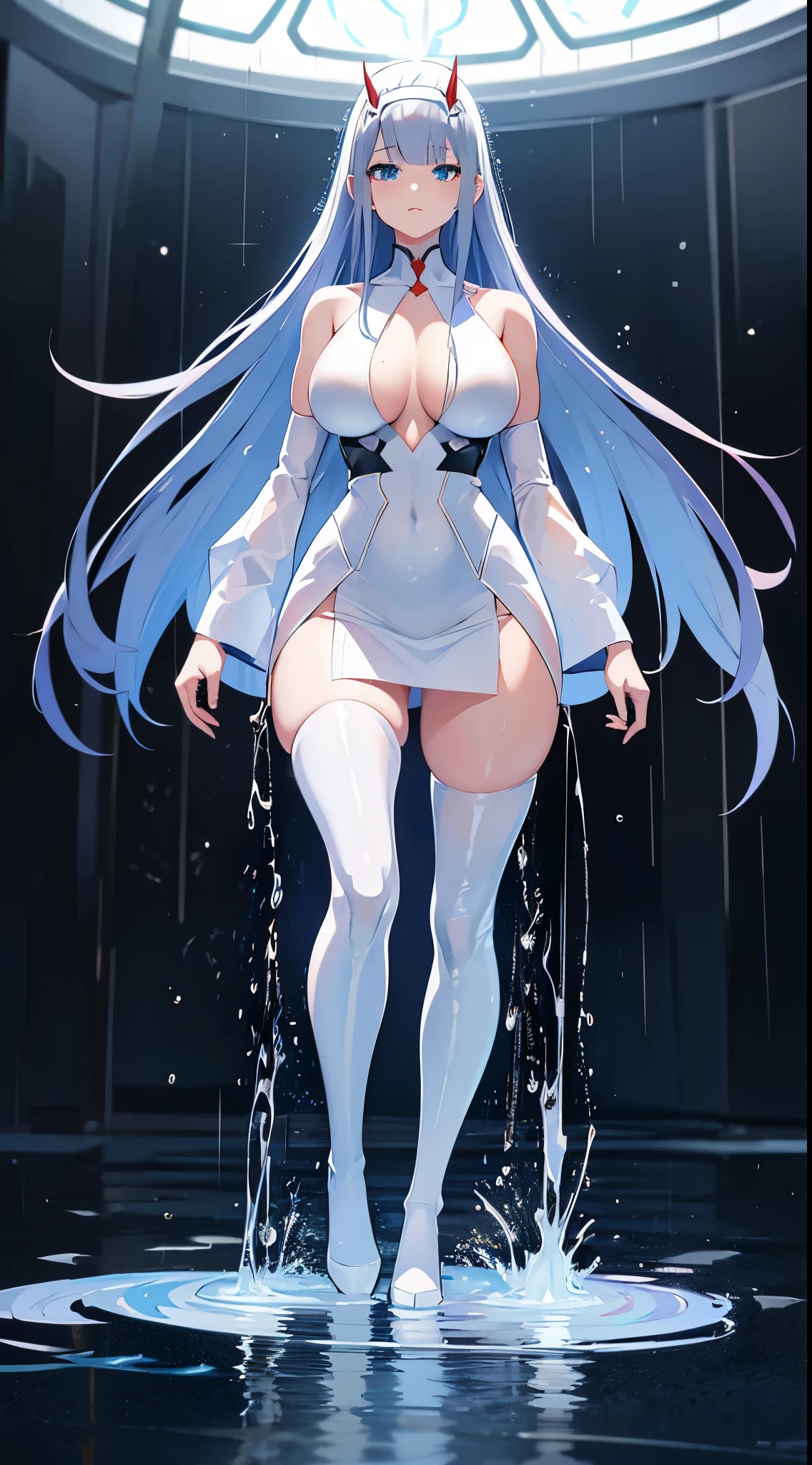 (highres),(photorealistic)Blue-haired Zero Two from the anime Darling in the Franxx, standing under the pouring rain. She has a slender figure and a clear face with mesmerizing, large beautiful eyes. Her long silver hair flows down her back. She is dressed in a form-fitting translucent outfit that accentuates her curves. The raindrops drench her body, glistening as they roll down her skin.