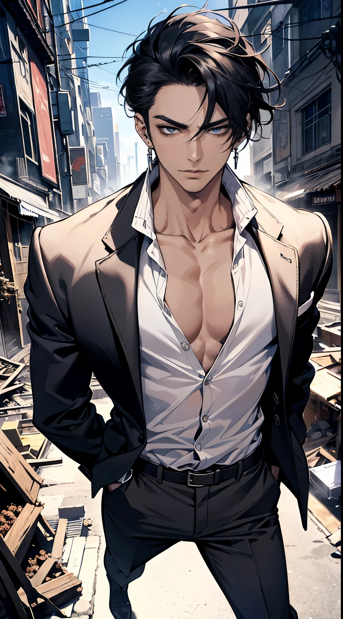 (masterpiece, best quality, highres, ultra-detailed), 1man, male focus, spiky black hair, grey eyes, handsome, detailed eyes and face, male body, earrings, ear piercing,  unbuttoned black blazer, white shirt, trousers, bare collarbones, chain necklace, city slums background, by amano akira, full body, cigarette, cigarette smoke, guy smoking,1guy, masterpiece