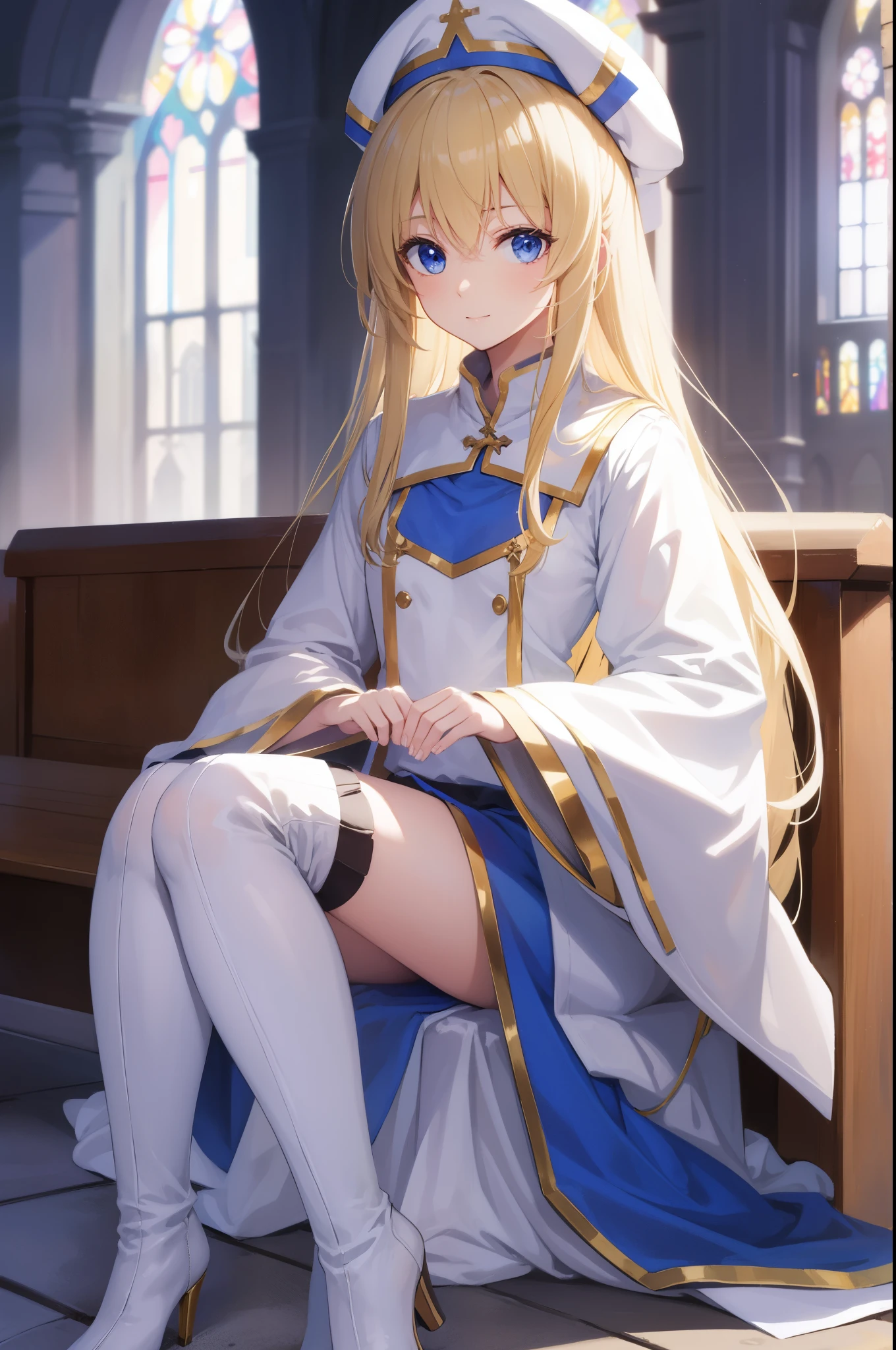 priestess, priestess, blonde hair, blue eyes, long hair, hair between eyes, (small breast:1.0), smile, BREAK boots, dress, frilled sleeves, frills, hat, white headwear, pelvic curtain, high heels, robe, thigh boots, thighhighs, white thighhighs, long sleeves, puffy sleeves, BREAK looking at viewer, BREAK indoors, church, BREAK (masterpiece:1.0), best quality, high resolution, unity 8k wallpaper, (illustration:0.8), (beautiful detailed eyes:1.0), extremely detailed face, perfect lighting, extremely detailed CG, (perfect hands, perfect anatomy),