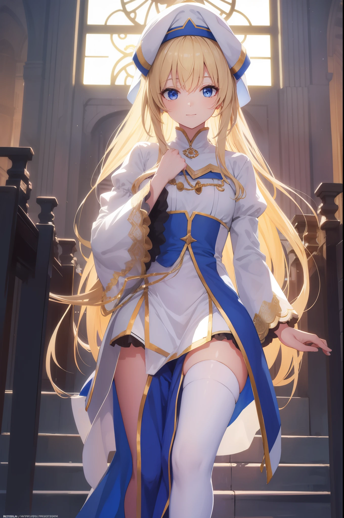 priestess, priestess, blonde hair, blue eyes, long hair, hair between eyes, (small breast:1.0), smile, BREAK boots, dress, frilled sleeves, frills, hat, white headwear, pelvic curtain, high heels, robe, thigh boots, thighhighs, white thighhighs, long sleeves, puffy sleeves, BREAK looking at viewer, BREAK indoors, church, BREAK (masterpiece:1.0), best quality, high resolution, unity 8k wallpaper, (illustration:0.8), (beautiful detailed eyes:1.0), extremely detailed face, perfect lighting, extremely detailed CG, (perfect hands, perfect anatomy),