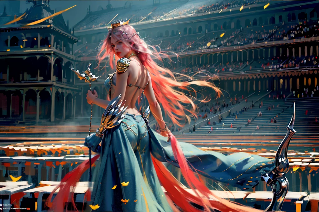 Best quality, masterpiece, super detailed high resolution, (realistic: 1.4), watercolor style, illustration, dazzling background color,, 1 Girl Holding Weapon, (Solo Exhibition: 1.2), (Denim Lens: 1.2), (Hair Crown: 1.2),  No Straps, (Red Eyeliner: 1.2), (: 1.4), Earrings, Dynamic Angle, Opera House, messy_long_hair, Ink, Movie Lights, lens_flare, Tassels, Ribbons, Color Embroidery,One very beautiful woman looking back at you, dressed like a fashion model, crazy long hair, shiny hair, expressive hair, crystal hair, gradient eyes, artistic, conceptual art, glitter effect , Glow, UHD, Retina, Masterpiece, Accurate, Anatomically Correct, Super Detailed, High Detail, Fine Skin