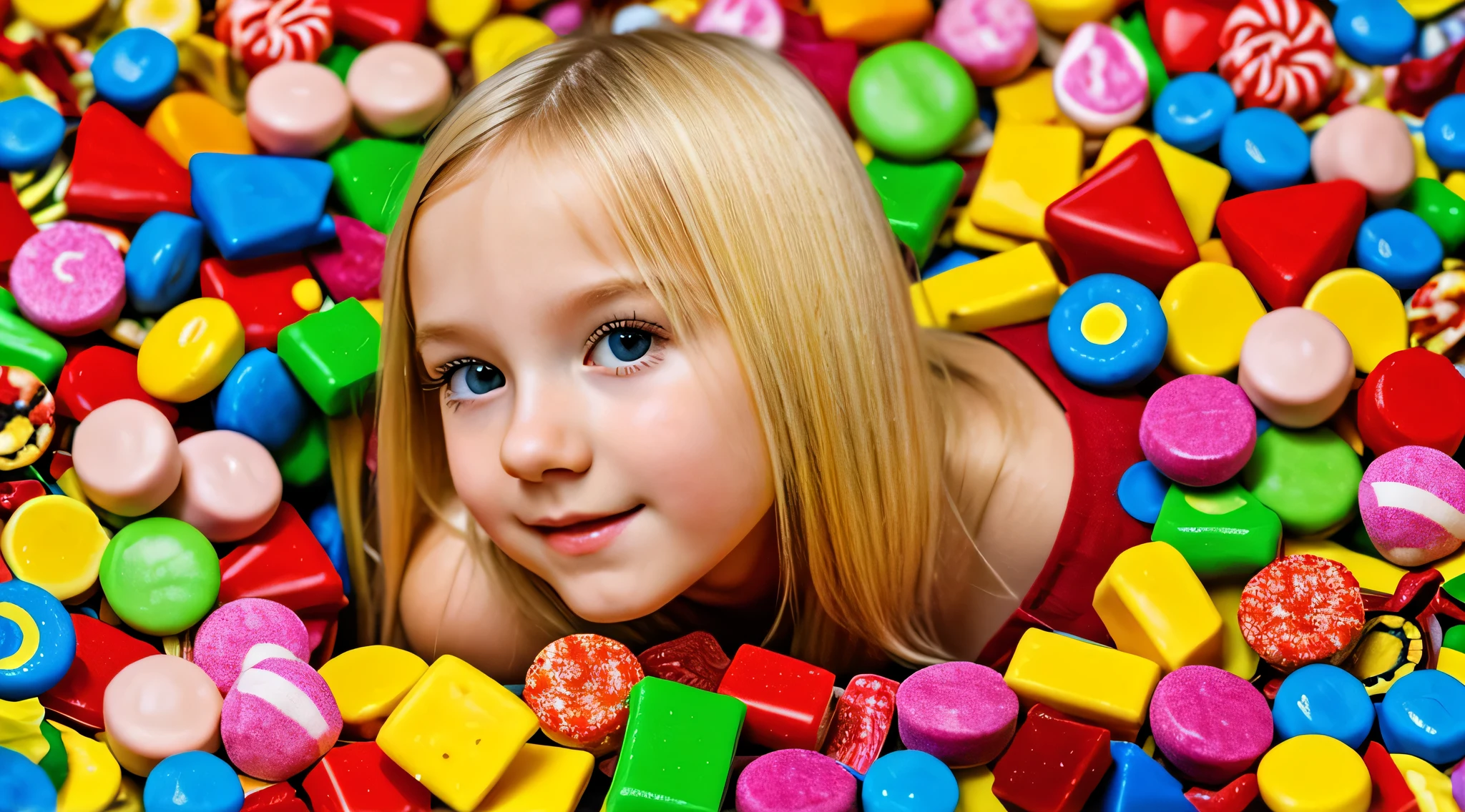 A blonde girl in a colorful assortment of various sweets.