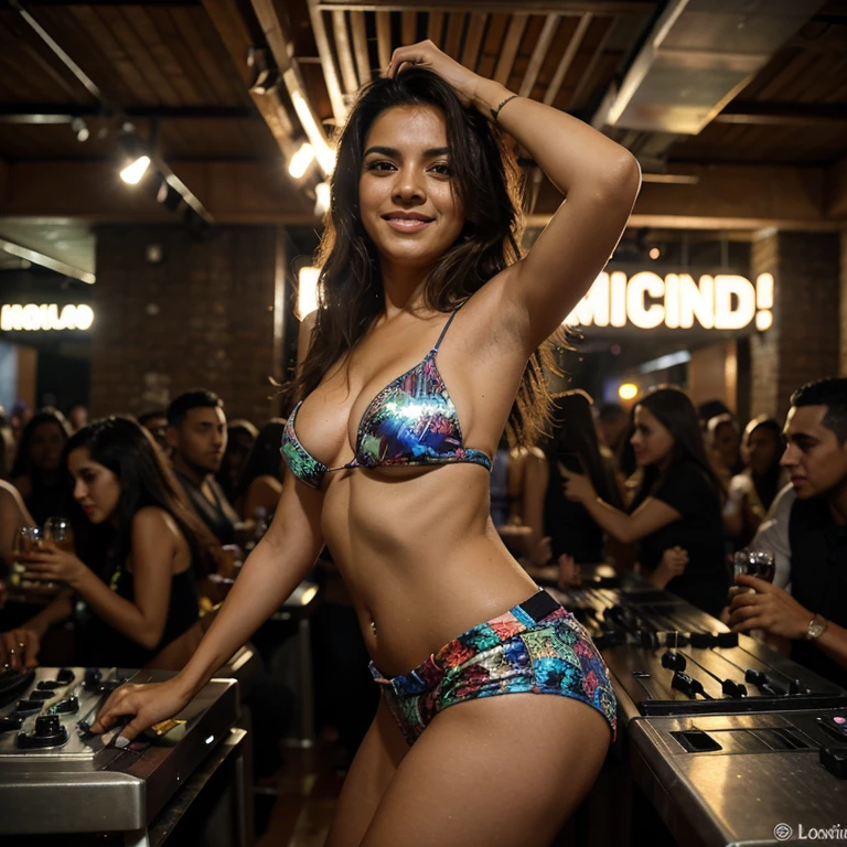 a disco party on an island, people having fun, girls, boys, everyone drinking juice, cola, pepsi, detailed colorful neon lights, glowing party atmosphere, vibrant colors, lively crowd, dynamic movement, dancing people, beautiful detailed eyes, beautiful detailed lips, extremely detailed eyes and face, long eyelashes, (best quality,4k,8k,highres,masterpiece:1.2),ultra-detailed,(realistic,photorealistic,photo-realistic:1.37),cinematic lighting, dramatic lighting, vivid colors, colorful neon lights, neon colors, nighttime outdoor scene, party decorations, music festival, tropical island, beach party
