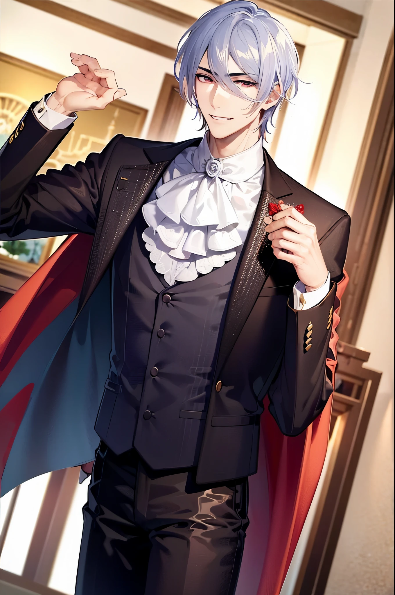 (flat color:1.1),(masterpiece:1.2), best quality, masterpiece, original,short brown hair, mature elegant and handsome man with red eyes, wearing victorian vampire hunter outfit