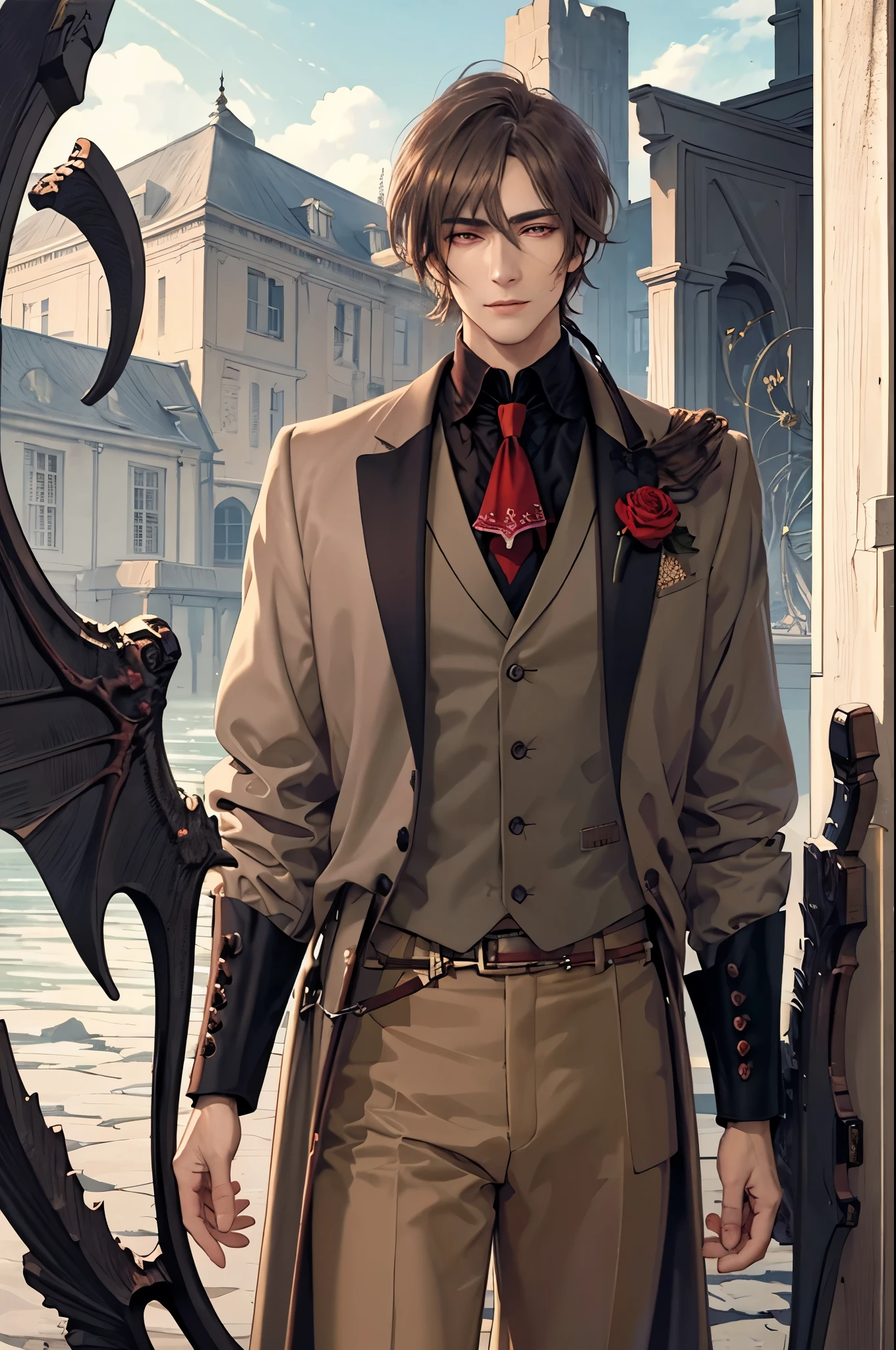 (flat color:1.1),(masterpiece:1.2), best quality, masterpiece, original,short brown hair, mature elegant and handsome man with red eyes, wearing victorian vampire hunter outfit