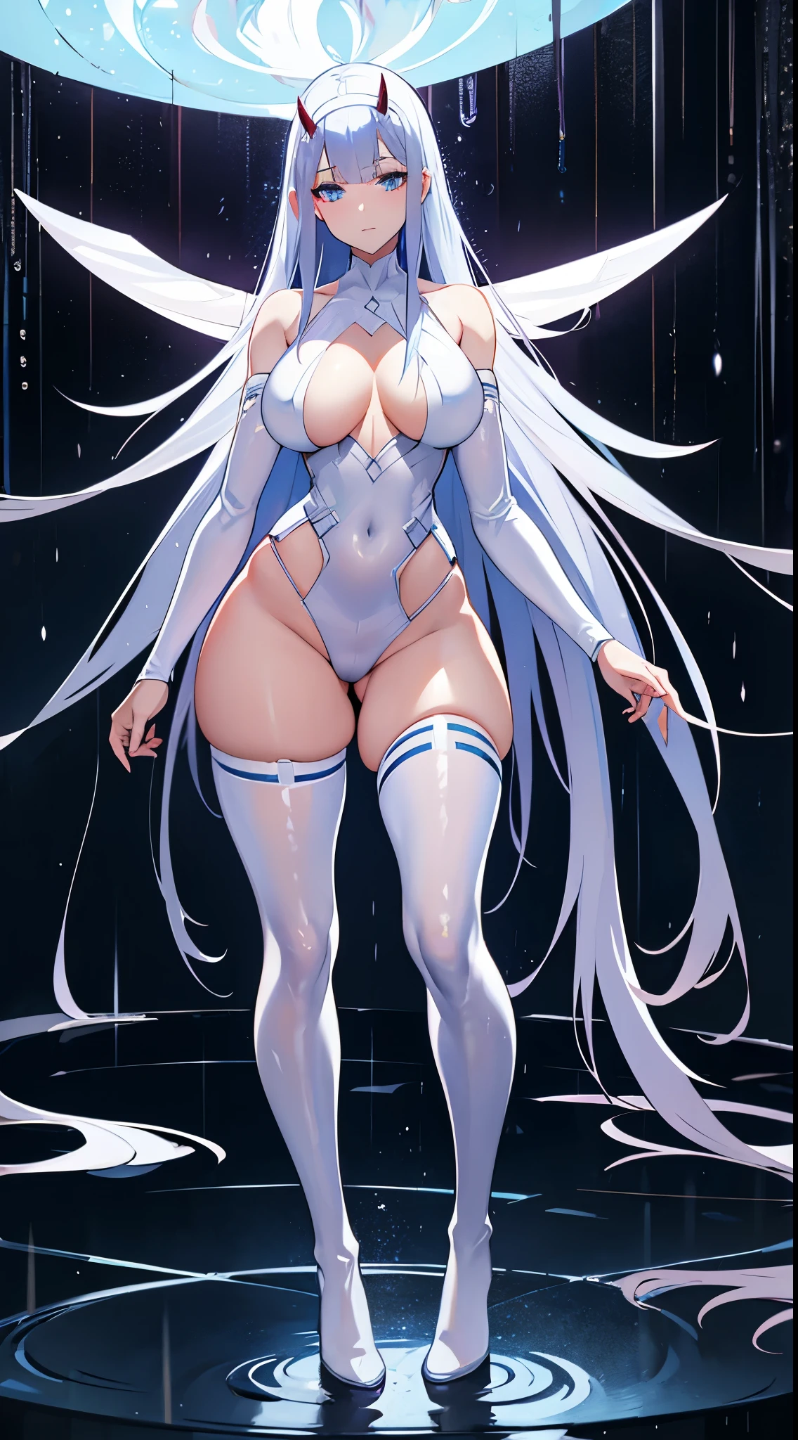 (highres),(photorealistic)Blue-haired Zero Two from the anime Darling in the Franxx, standing under the pouring rain. She has a slender figure and a clear face with mesmerizing, large beautiful eyes. Her long silver hair flows down her back. She is dressed in a form-fitting translucent outfit that accentuates her curves. The raindrops drench her body, glistening as they roll down her skin.