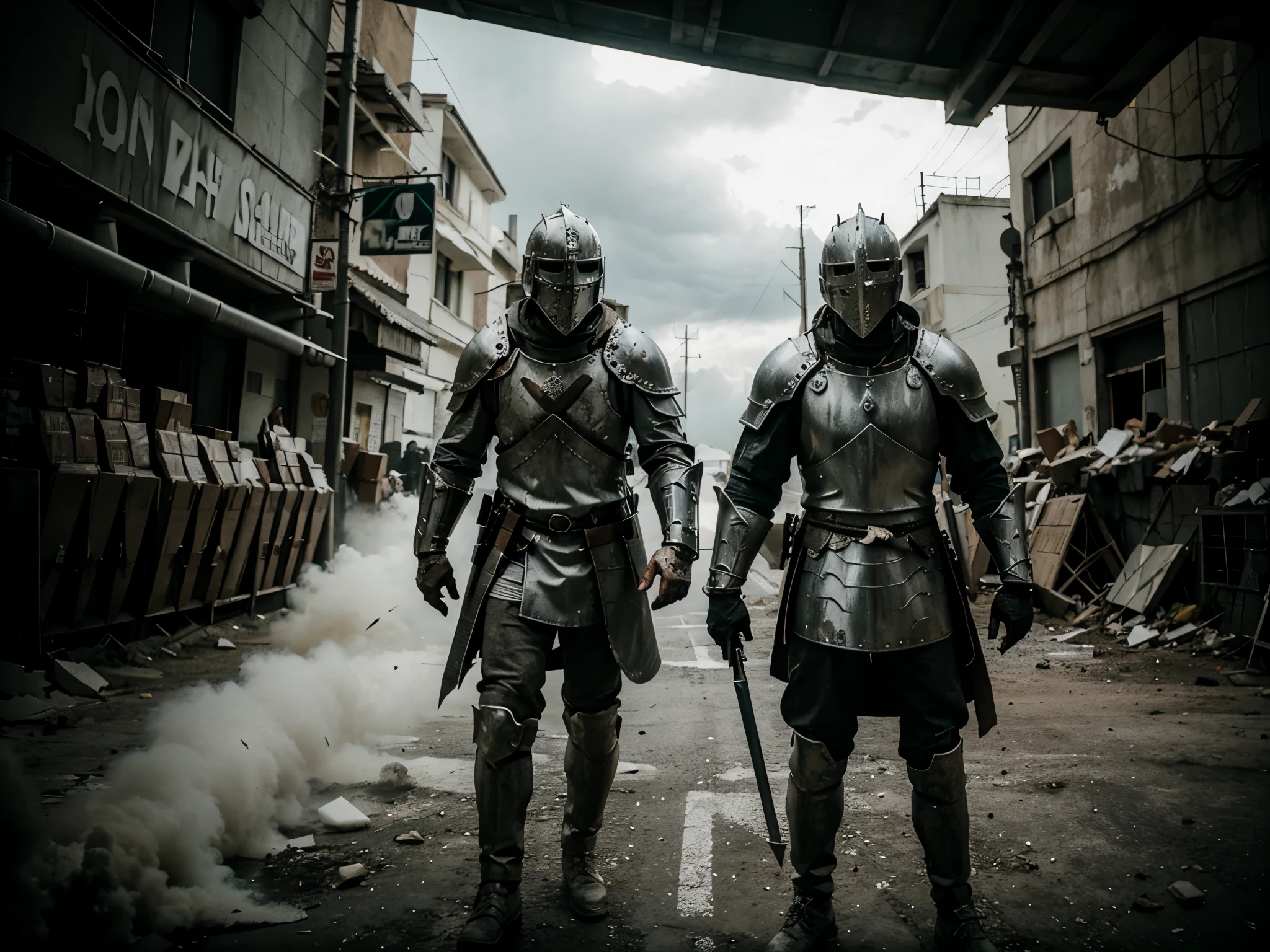 white apocalyptic knight battle with cinematographic edition