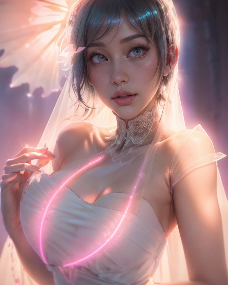 lips,(thick\lips\), (shiny glossy translucent clothing:1.1), church cathedral background, holding flower, bride, pink lace dress, bridal veil, bare shoulders, strapless, detached collar, feather trim, Posing as if whispering a secret, (busty:1.1),(soft shaded neon light:1.2), dark theme, sunrise, vibrant colors, horizon glow, tranquil