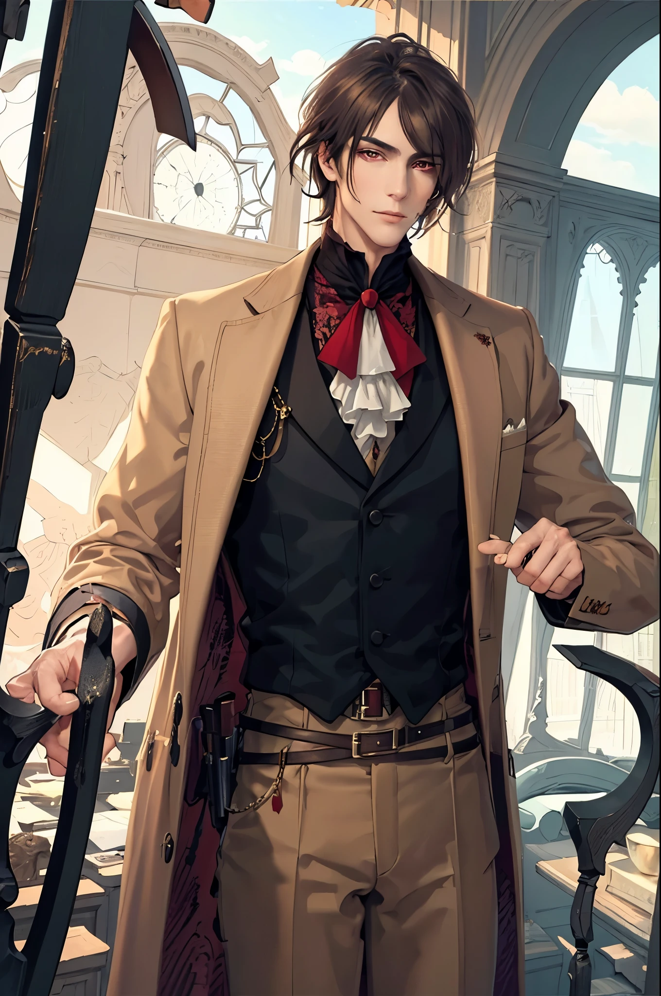 (flat color:1.1),(masterpiece:1.2), best quality, masterpiece, original,short brown hair, mature elegant and handsome man with red eyes, wearing victorian vampire hunter outfit