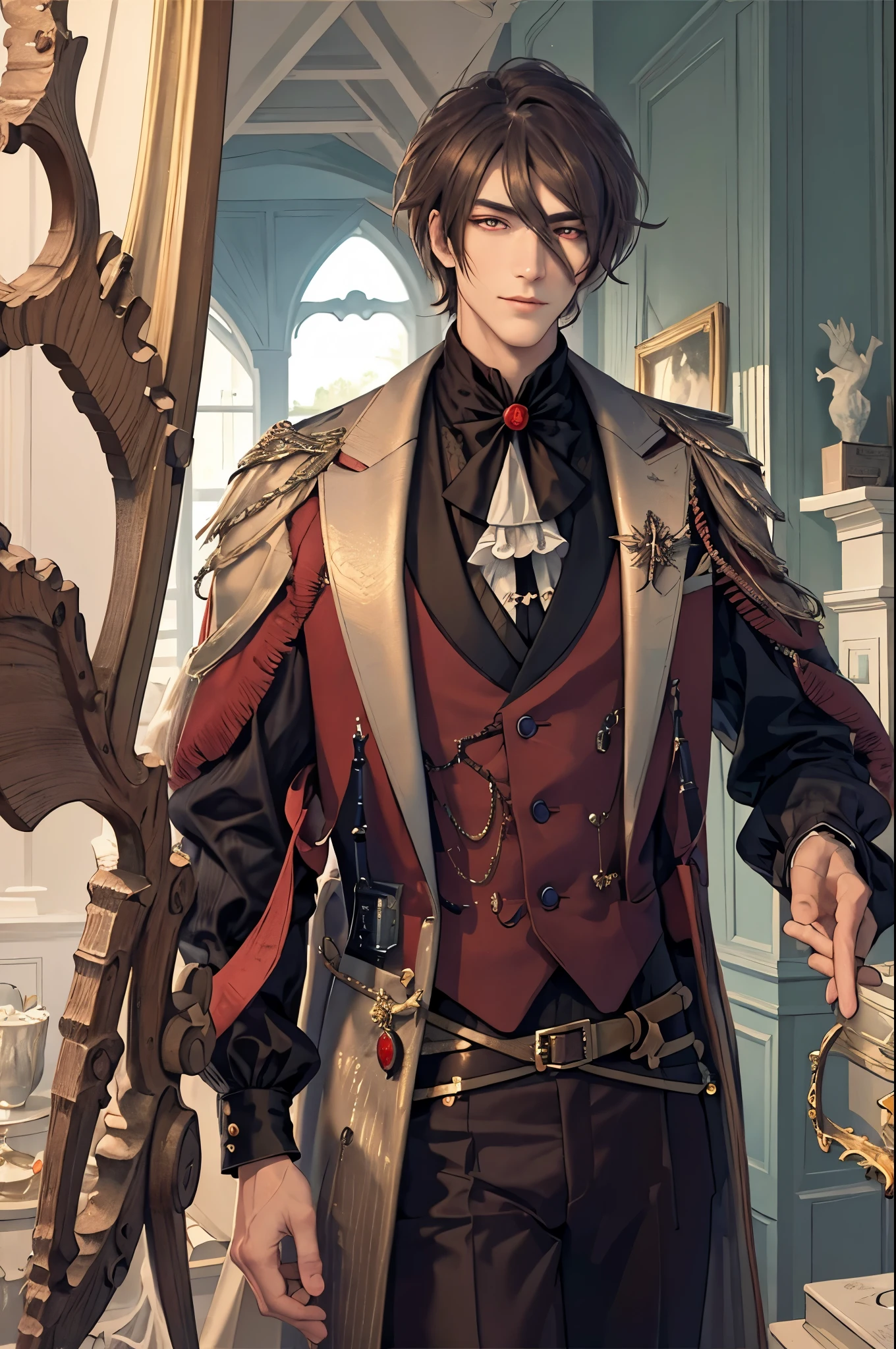 (flat color:1.1),(masterpiece:1.2), best quality, masterpiece, original,short brown hair, mature elegant and handsome man with red eyes, wearing victorian vampire hunter outfit