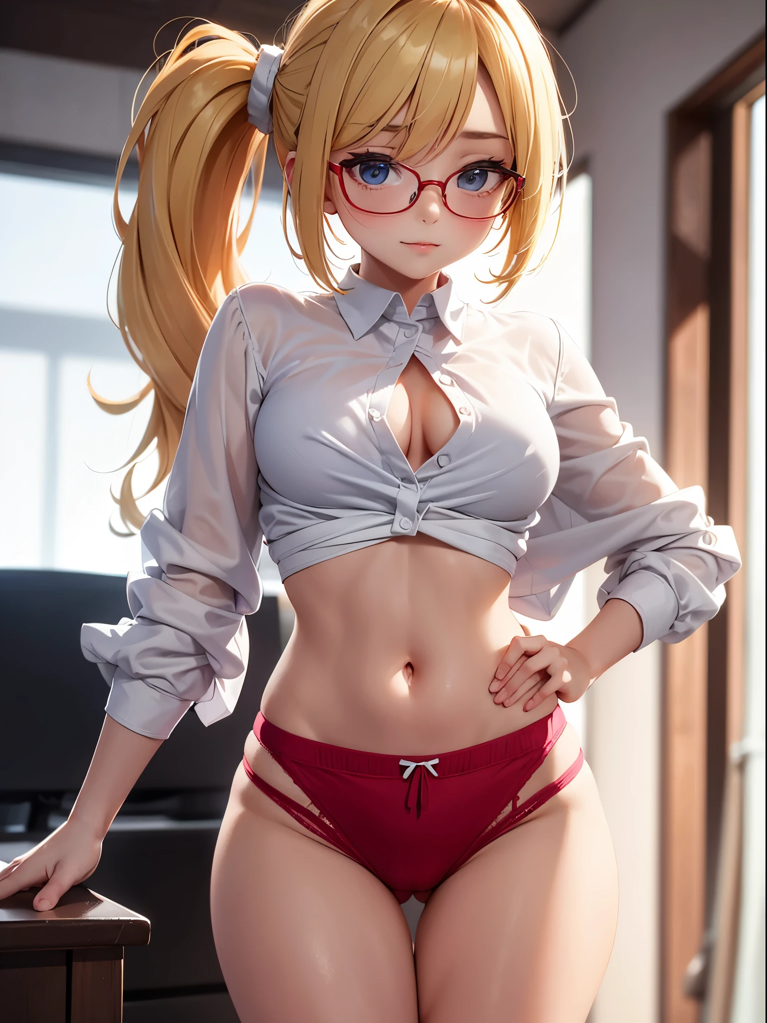 body, old girl, blonde hair tied in a side ponytail, sensual cleavage, transparent blouse, small breasts, ass facing the viewer, releasing magic through the hand, back to the screen, micro shorts 1.4, Ultra HD, 4k image , glasses, character close to the camera, tight shorts, V panties, red panties, low waist panties, short miniskirt 1.3