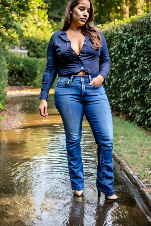 1 tall thin woman masturbates, Unbuttoned jeans, gradient background, high heels, show heels, standing in puddle of pee, shoes filled with pee, pee streams from crotch of jeans