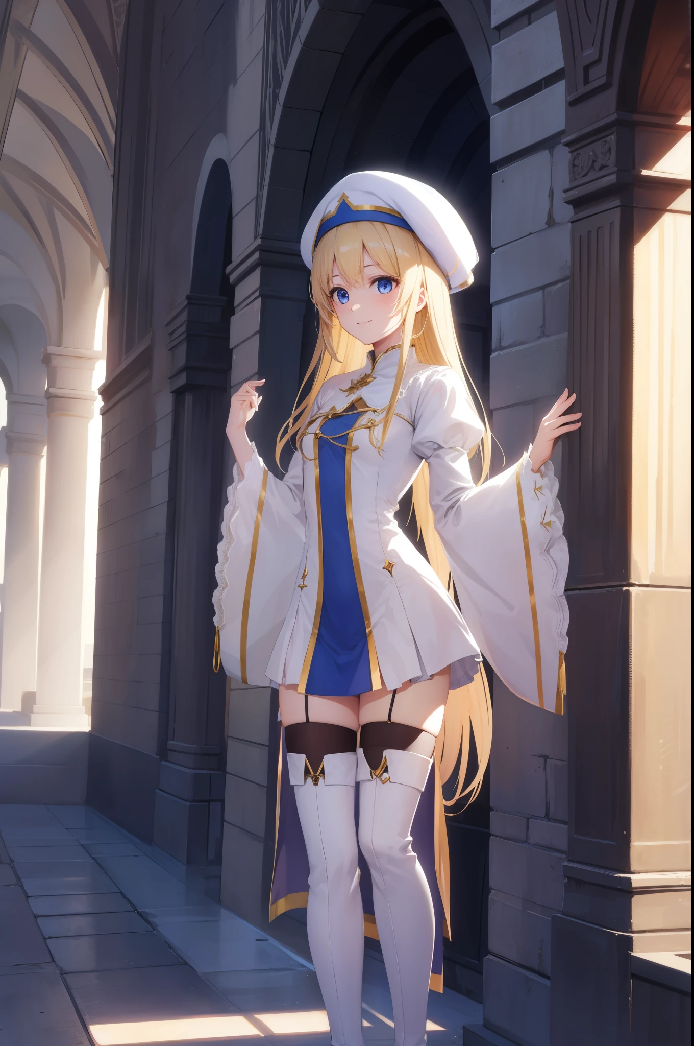 priestess, priestess, blonde hair, blue eyes, long hair, hair between eyes, (small breast:1.0), smile, BREAK boots, dress, frilled sleeves, frills, hat, white headwear, pelvic curtain, high heels, robe, thigh boots, thighhighs, white thighhighs, long sleeves, puffy sleeves, BREAK looking at viewer, BREAK indoors, church, BREAK (masterpiece:1.0), best quality, high resolution, unity 8k wallpaper, (illustration:0.8), (beautiful detailed eyes:1.0), extremely detailed face, perfect lighting, extremely detailed CG, (perfect hands, perfect anatomy),