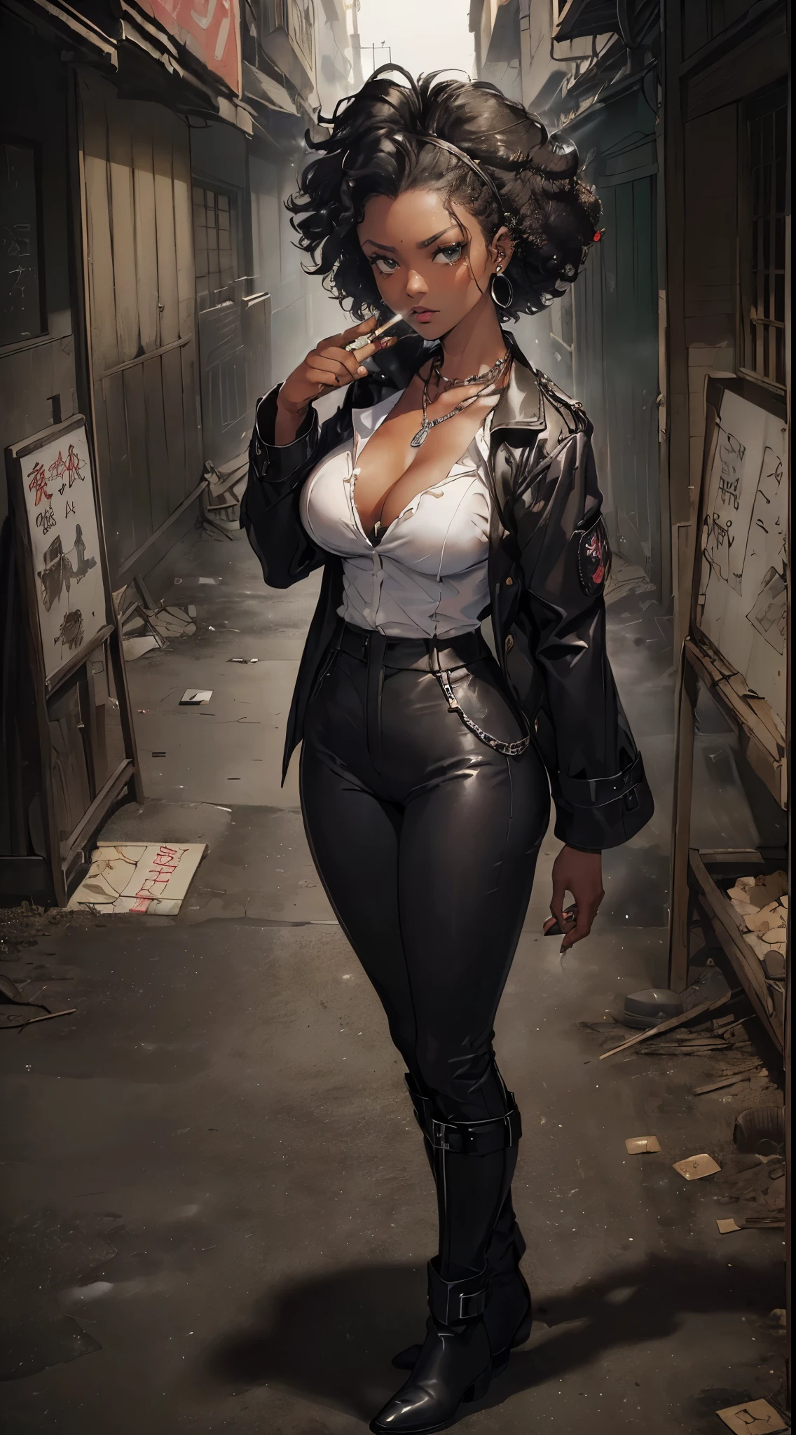 (((Masterpiece, hiquality, absurdress), 1Woman, black hair, curly hair, Afro-curly hair, Green eyes, a perfect face, the perfect body, big breastes, sports body, short stature, (((very dark skin))), 独奏, Detailed eyes and face, makeup, red-lips, earings, ear piercings, unbuttoned black jacket, white shirt, breeches, black boots, Clavicles only, chain necklace, city slum background, by Amano Akira, cigarette, cigarette smoke, smoking, full - body