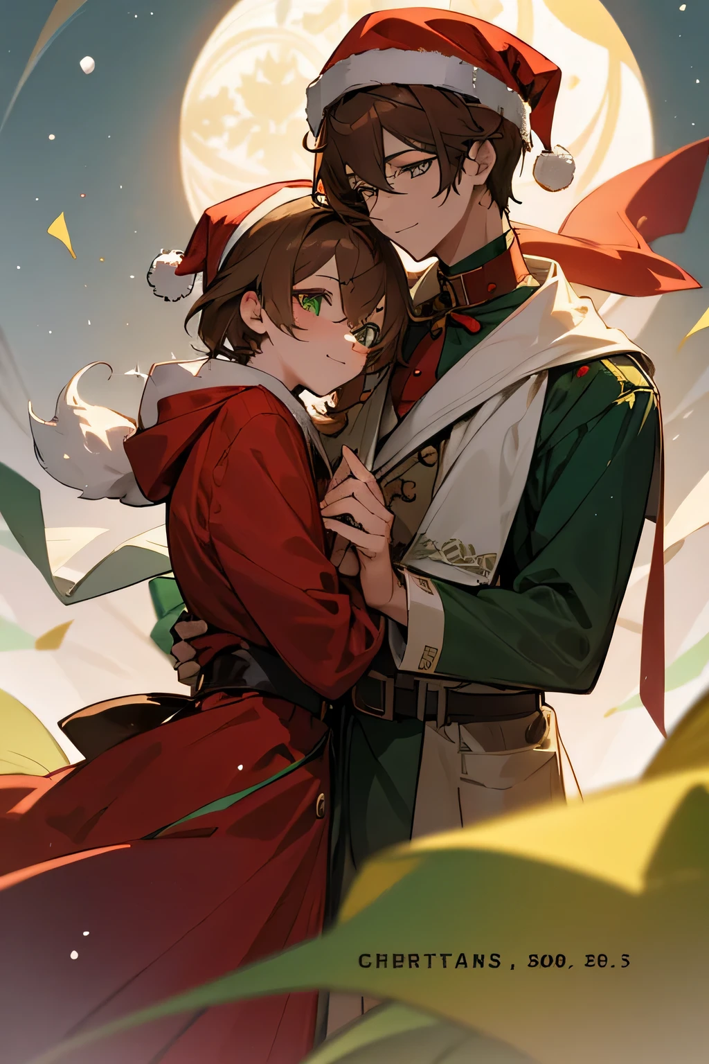 Dans un décor hivernal serein, deux personnages masculins d'anime prennent vie, chacun orné d'une touche festive. Le premier, avec de riches cheveux bruns, enfile un chapeau de Noël rouge vif qui complète l'éclat rose de leurs joues. Tenant délicatement la neige dans leurs mains, ils capturent l'essence enchanteresse de la saison. Leur sourire chaleureux est accentué par des yeux pétillants remplis d'excitation.
Debout à côté d'eux, le deuxième personnage, arborant des cheveux blonds, porte également un chapeau de Noël, celui-ci dans une nuance de vert festive. Leurs yeux brillent de joie alors qu'ils partagent le moment de fête avec leur ami. Tenir un morceau de papier, le personnage blond affiche les mots "joyeux noël" en calligraphie joyeuse.
