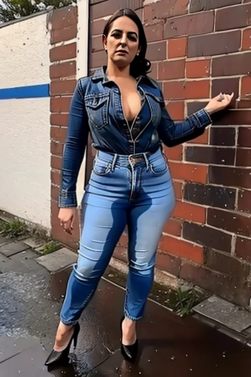 1 tall thin attractive woman masturbates, Unbuttoned jeans, gradient background, high heels, show heels, standing in puddle of pee, shoes filled with pee, ((pee streams from crotch of jeans)), (((rear view)))