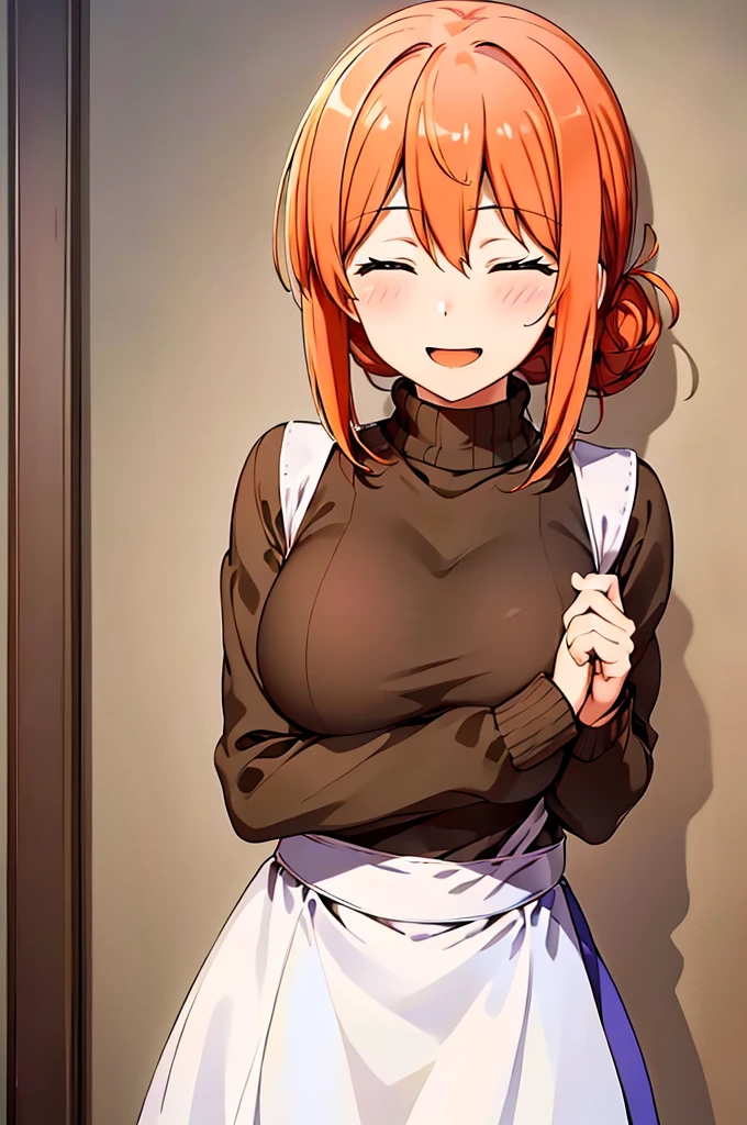 (extremely detailed cg unity 8k wallpaper),(masterpiece),(bestquality),(ultra-detail),(best illustration),(best shadows),(Absurd),Yukahama, 1girls, bara, Closed eyes, opened mouth, Hair bun, smile, single Hair bun, Sweater, turtleneck, apron, Blush, Orange Hair