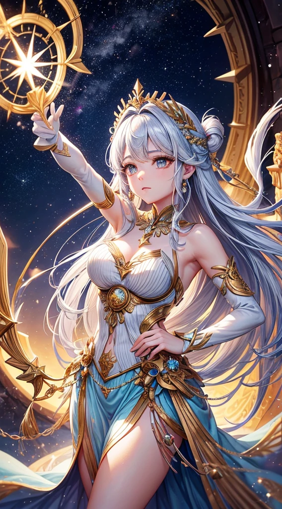 A goddess inspired by the zodiac, blending traits of Artemis and the stars, with silver hair turning into constellations, wielding a bow and surrounded by celestial creatures representing each zodiac sign in a starry dome.