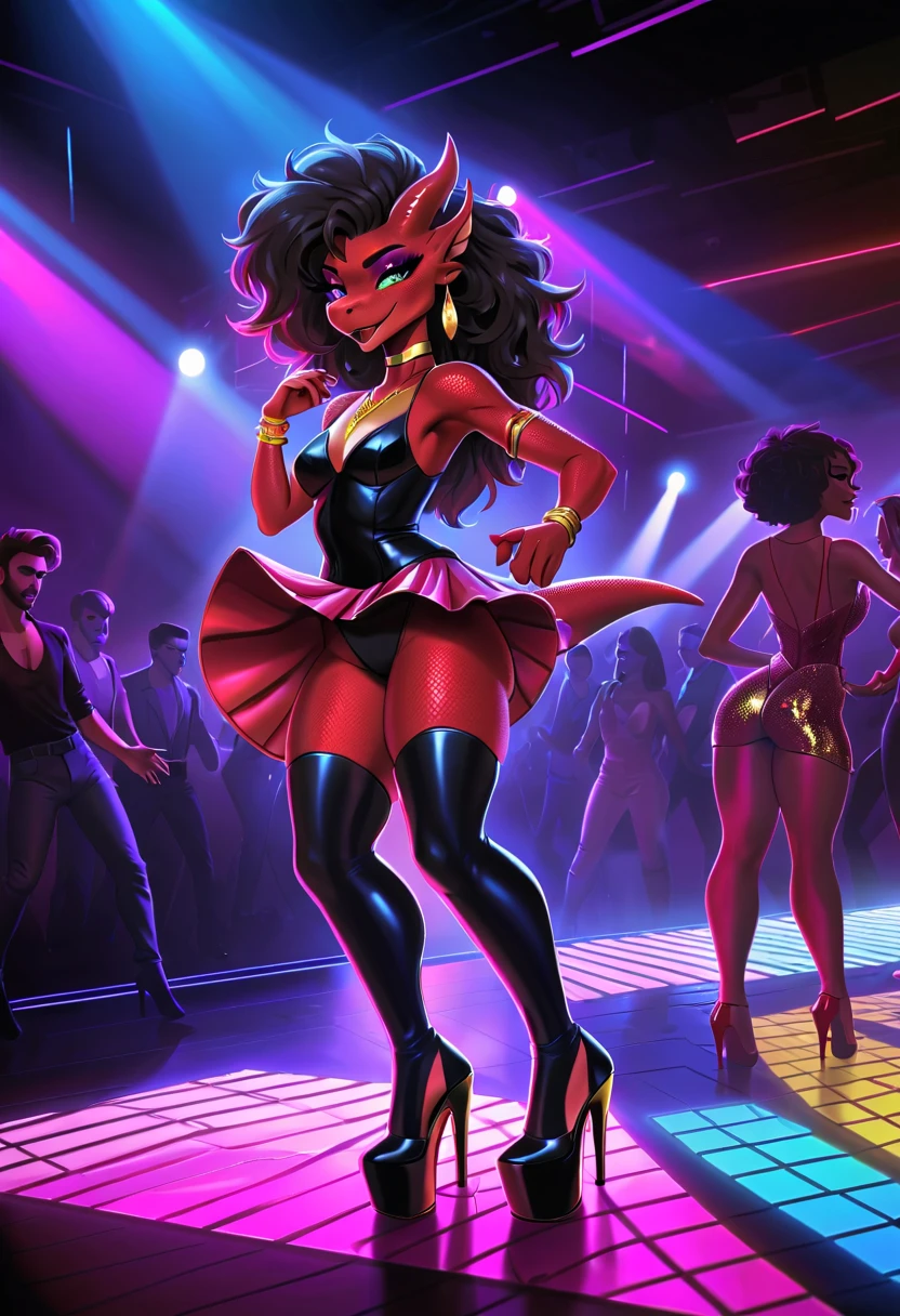 (best quality,4k,highres,masterpiece:1.2),provocative kobold woman,dark night club scene,vivid colors,ultra-detailed,glamorous outfit,bright neon lights,sensual atmosphere,dancing crowd,subtle smoky effect,loud music,exotic makeup,sophisticated jewelry,wavy hair,sexy high heels,energetic and confident expression,enthralling performance,shimmering sequins,playful and seductive pose,party atmosphere,pulsating rhythm,artistic and dynamic composition,stylish and fashionable,exciting and alluring ambiance,eye-catching and captivating image,lively and vibrant party setting,unforgettable night out,flashing disco lights,lit-up dance floor,attractive and charismatic presence,unique and extravagant,immersive and immersive experience,uninhibited and sultry,irresistible charm,mesmerizing and dazzling attraction,unforgettable party scene,stylish and sensual,unconventional and daring,vibrant and electrifying,unrestrained and passionate,powerful and seductive,unforgettable and provocative,creative and exciting,thrilling and captivating,uninhibited and intoxicating,sensational and overwhelming,lavish and thrilling,eventful and memorable,seductive and enchanting,passionate and enticing,exhilarating and enchanting,dazzling and enchanting