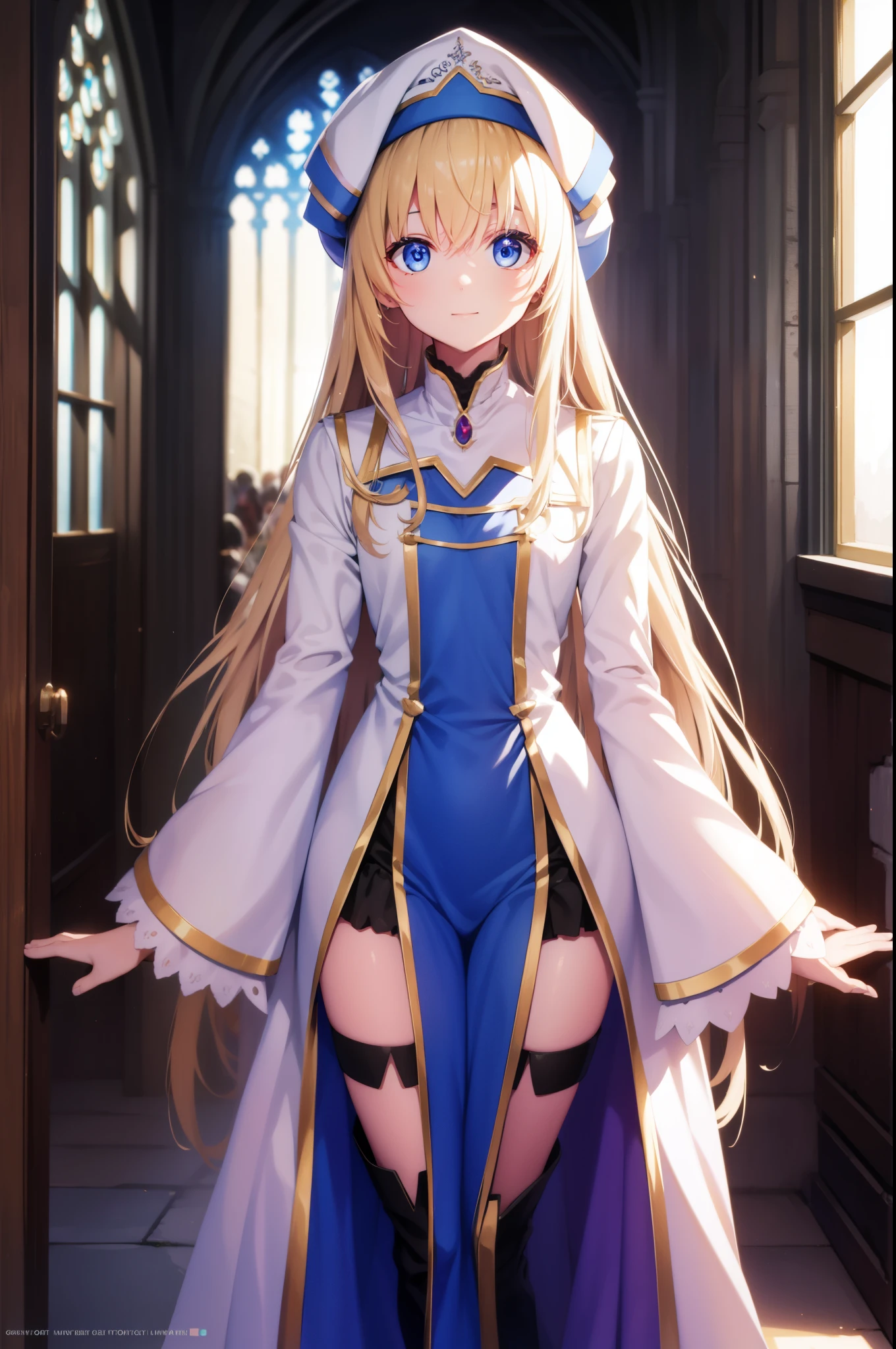 priestess, priestess, blonde hair, blue eyes, long hair, hair between eyes, (small breast:1.0), smile, BREAK boots, dress, frilled sleeves, frills, hat, white headwear, pelvic curtain, high heels, robe, thigh boots, thighhighs, white thighhighs, long sleeves, puffy sleeves, BREAK looking at viewer, BREAK indoors, church, BREAK (masterpiece:1.0), best quality, high resolution, unity 8k wallpaper, (illustration:0.8), (beautiful detailed eyes:1.0), extremely detailed face, perfect lighting, extremely detailed CG, (perfect hands, perfect anatomy),