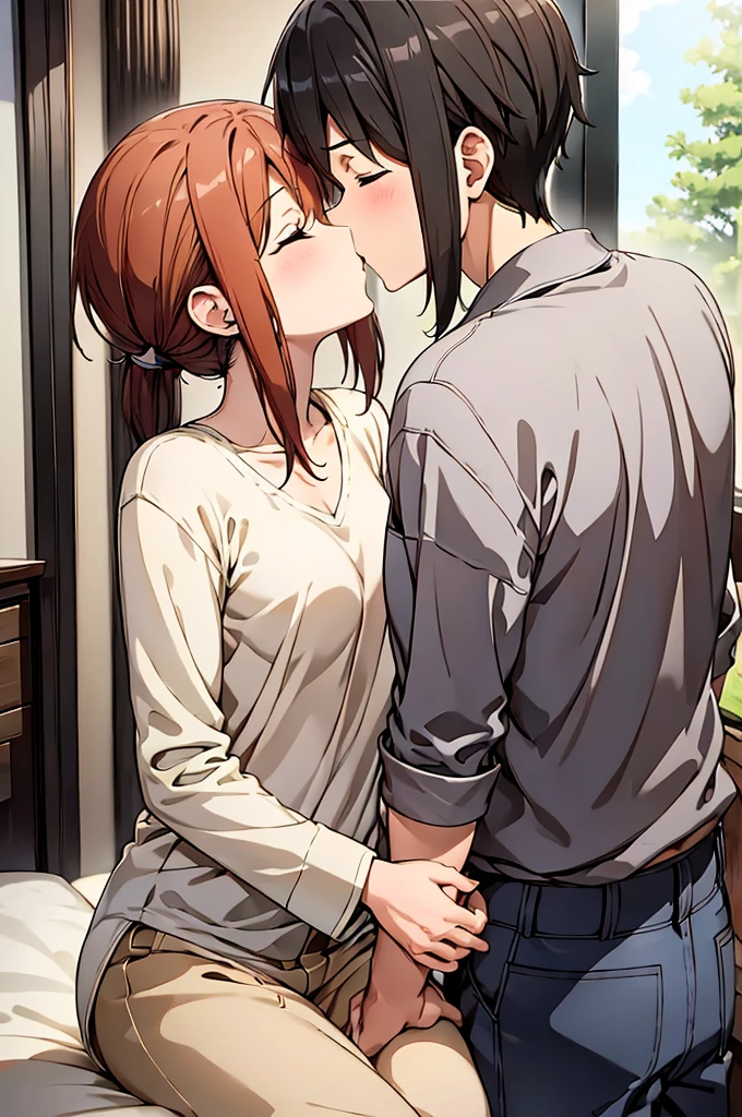Concept Art,Love theme,illustration,1boy,1girls,kiss,Hetero,brunette hair,Closed eyes,topless male,Blush,Black Hair,pajama,blue trousers,long-haired,Seated,clavicle,trousers,couple,indoors,medium hair,cloudy,shirt,Put your hand on another person's shoulder.,long sleeve,Put your hand on another person's chest.,Short Hair Hair
